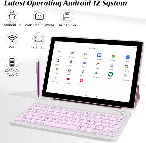 Miniatura 4 de Tableta 2 en 1 con Android 12 OS de 10 pulgadas, tabletas con teclado, ratón, funda, lápiz capacitivo, película templada, 64 GB ROM+4 GB RAM, cámara