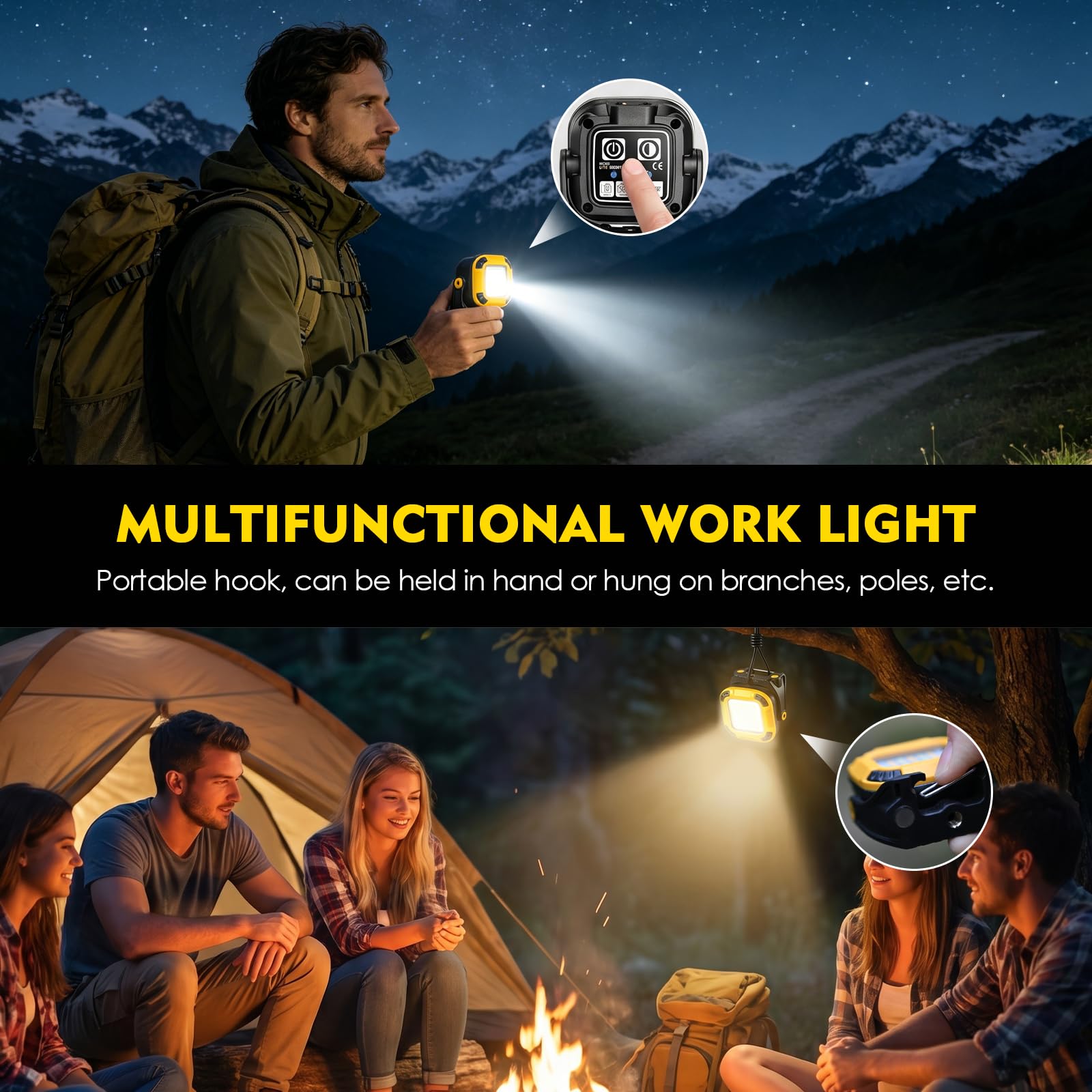 Linterna LED Recargable, Portatil Linterna Taller Mecánico, 16 Modos de Luz, Base Magnética con Gancho, Impermeable Luz de Trabajo LED para Reparación de Automóviles, Uso en Taller, Camping - 2 Piezas