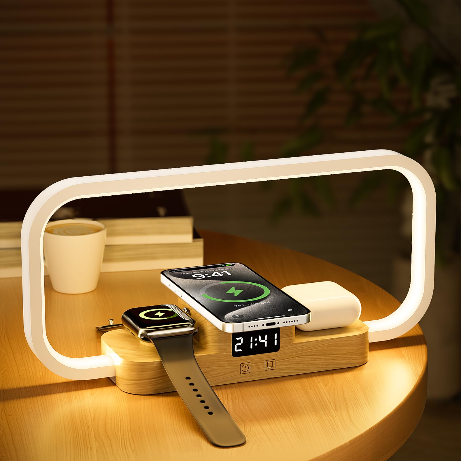 CRLL Bedside Lamp with Wireless Charger & USB Port Charger, Bedroom Lamp with Clock, Desk Lamp for Nightstand,Touch Lamps for Bedroom, 5 Color Dimmable Control, Plastic(White)
