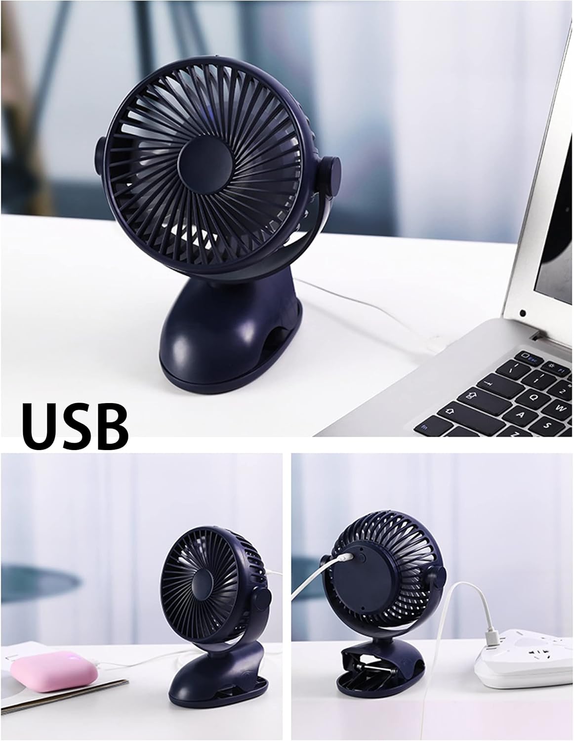 5V USB-Powered Fan Cooling Air Fan Rotatable Powerful Fan with Motion Sensor Automitically On/Off Two Speeds Fan with Clamp for Office Computer Desk Dormitory Student Dormitory - Dark Blue