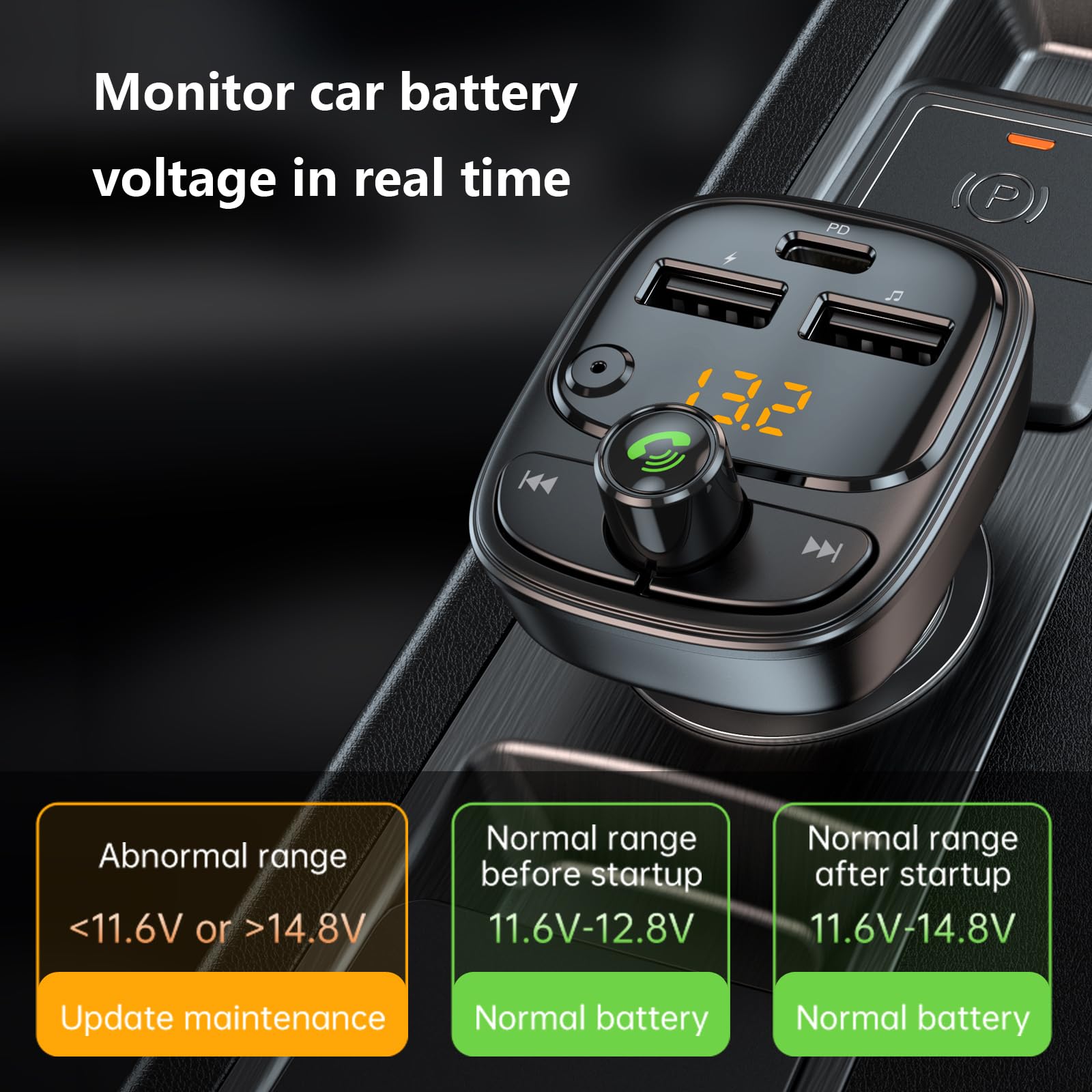 Transmisor FM Bluetooth 5.3, adaptador de coche, reproductor de MP3, radio inalámbrica, receptor de audio estéreo, llamadas manos libres, 42 W (PD 30 W y 12 W), cargador de coche USB C para iPhone