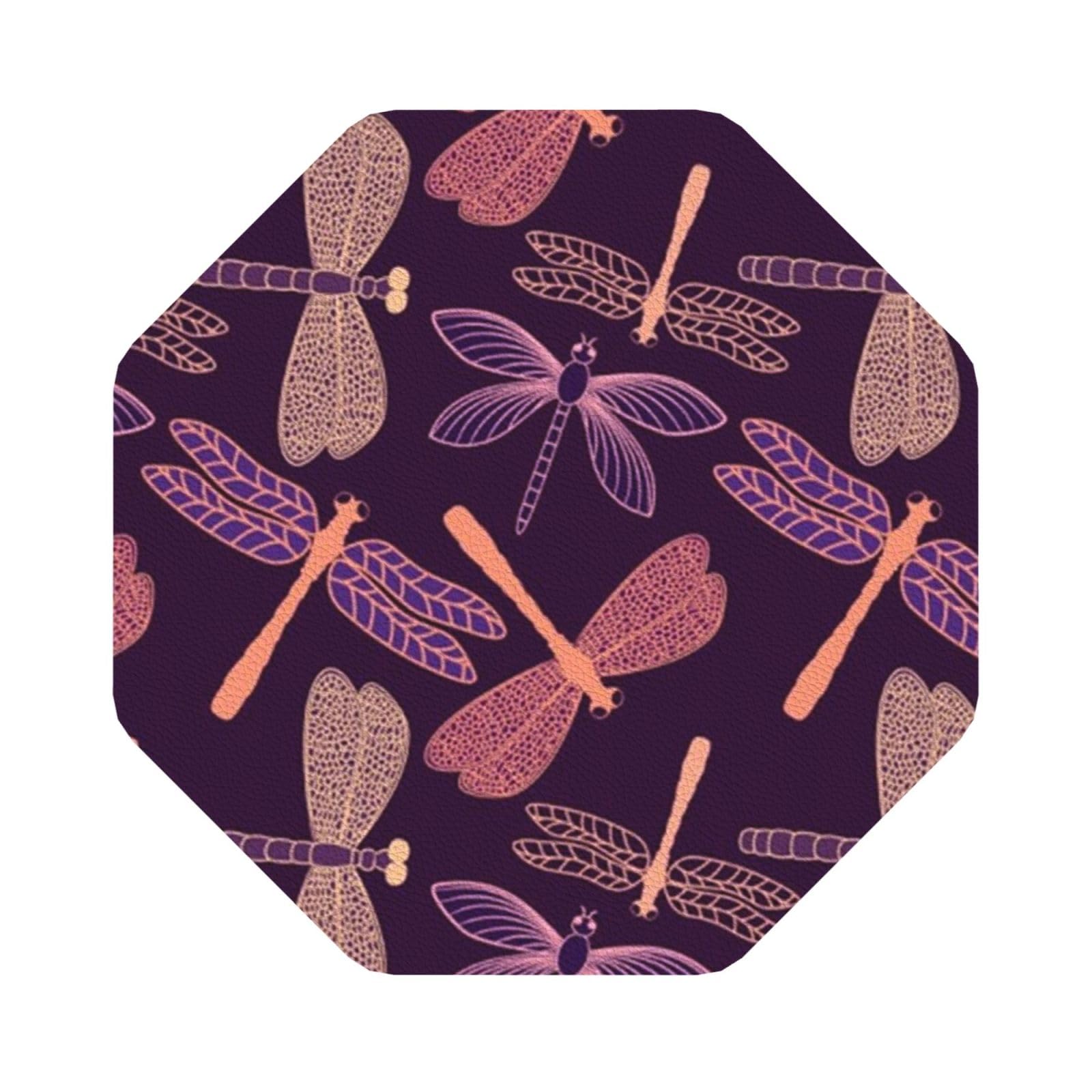 purple dragonfly PU Leather Coasters Set of 6 Octagon Drink Coasters