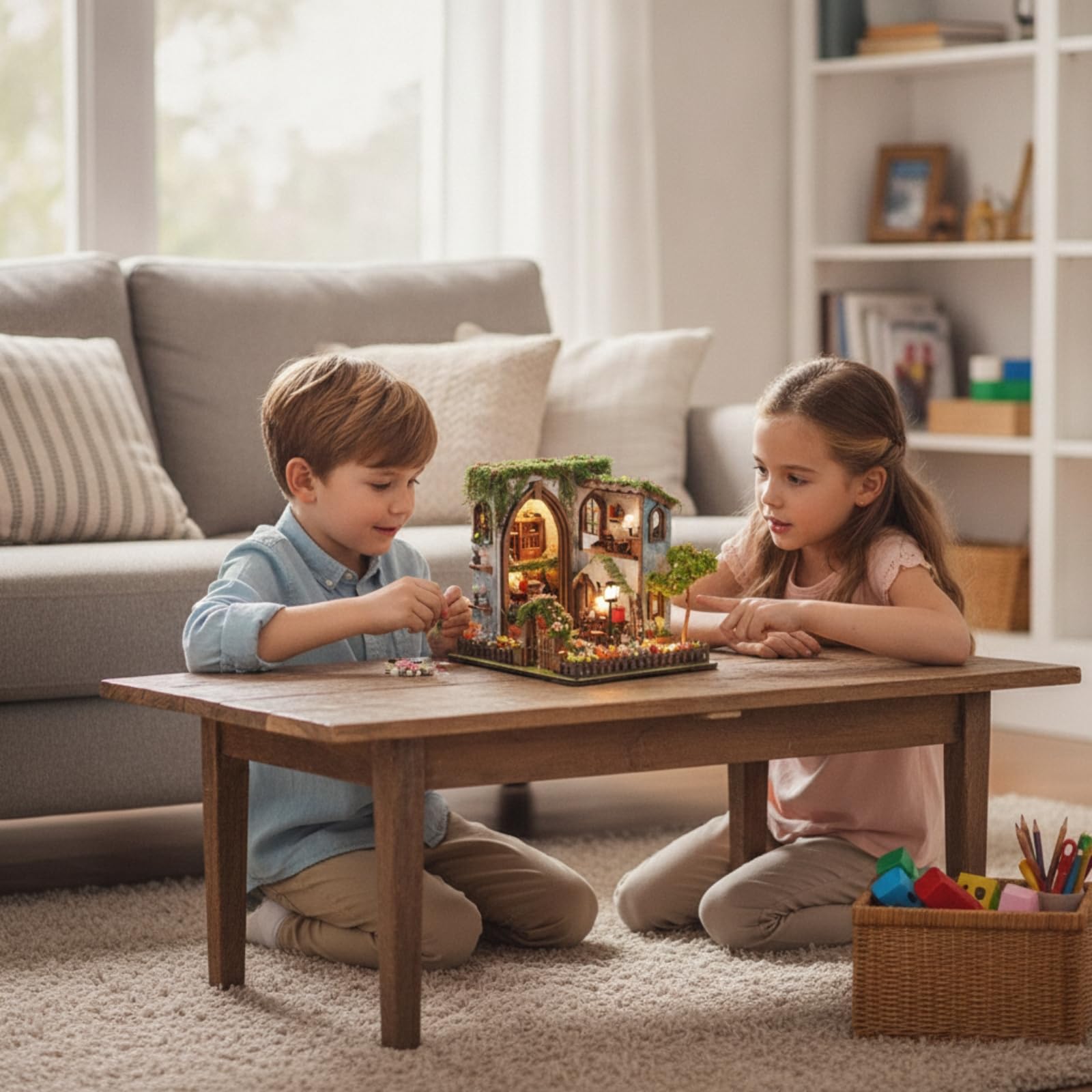 Casa in Miniatura Kit Fai da Te Modello Edificio Diorama Architettonico Scena Artistica con Arredi Miniature Fiori E Vegetazione Base Recintata E