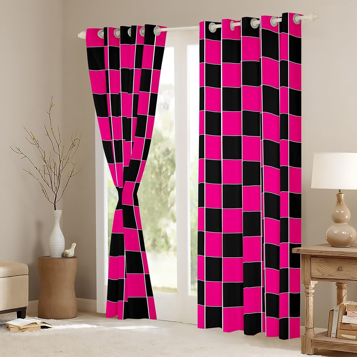 Erosebridal Hot Pink Black Grids Window Drapes Geometric Checkered Blackout Curtains 42" Wx84 L Aesthetics Plaid Gingham Curtains for Bedroom Living Room,Soft Lightweight Window Treatments 2 Panels