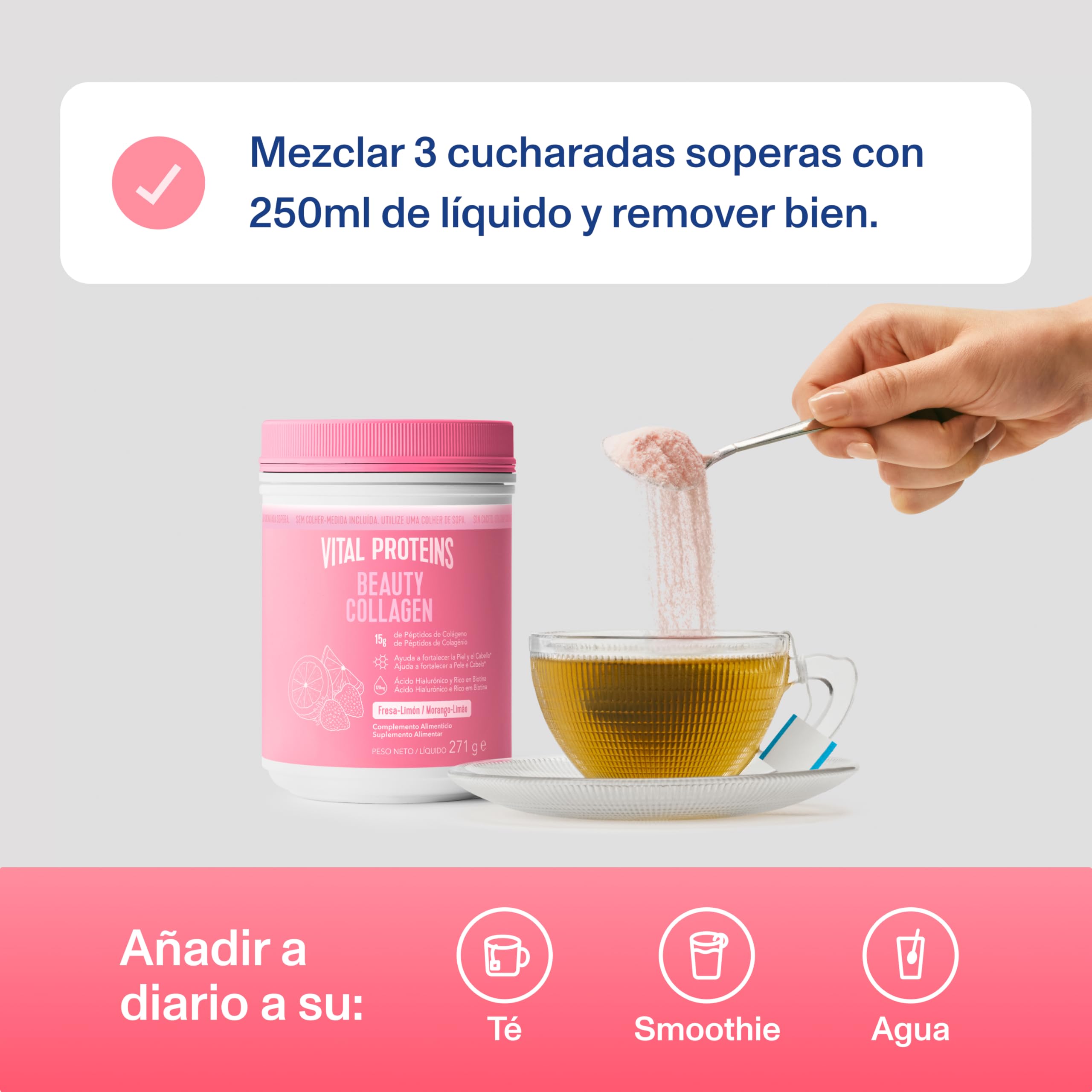 Vital Proteins Beauty Collagen en Polvo 271 g, Péptidos de Colágeno Hidrolizado, Ácido Hialurónico, Rico en Biotina. Suplemento alimenticio para la Piel, Cabello y Uñas. Sabor Fresa-Limón.