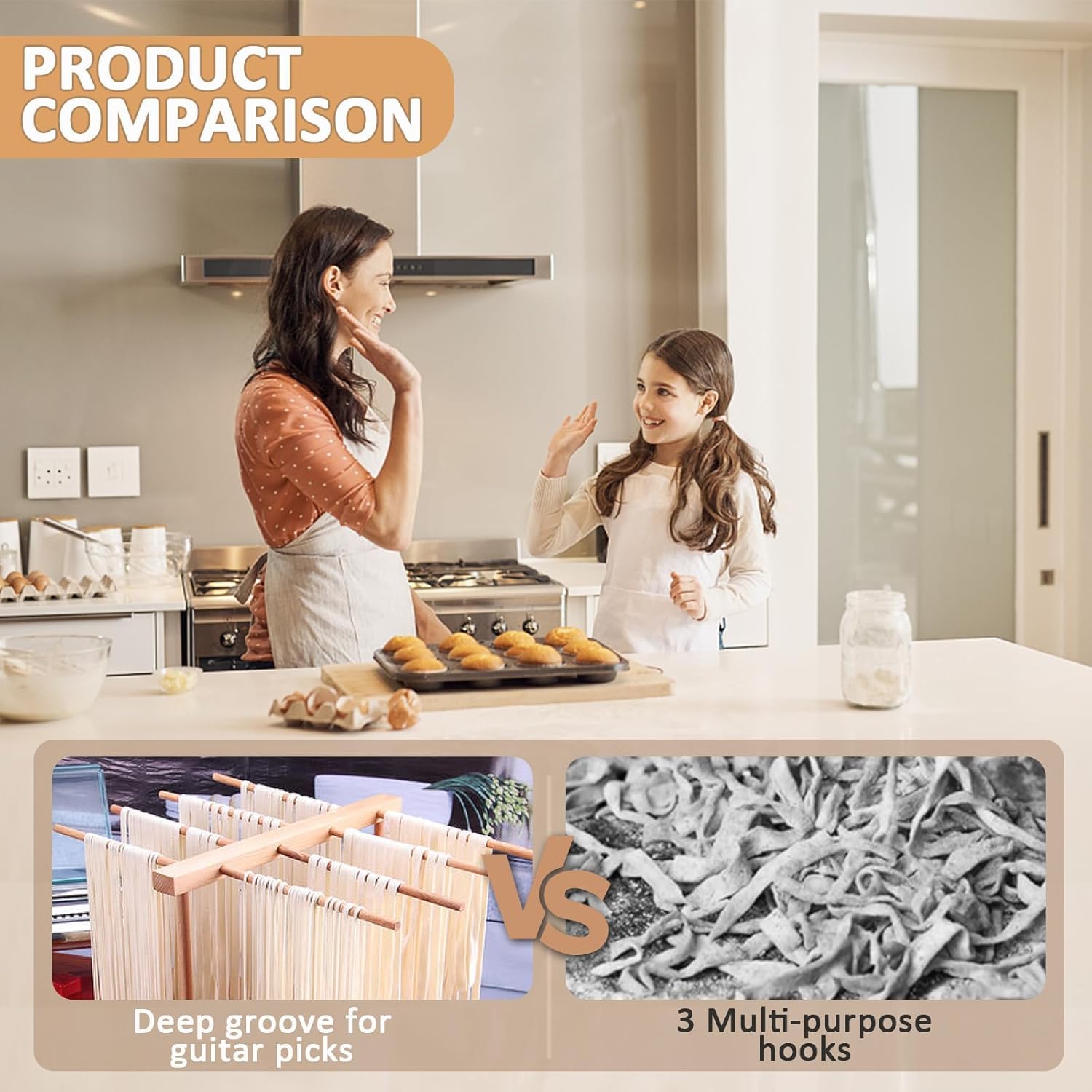 Stendino Per Pasta Pieghevole KeaJuidy - 9 Barre, Legno, Essiccatore Domestico