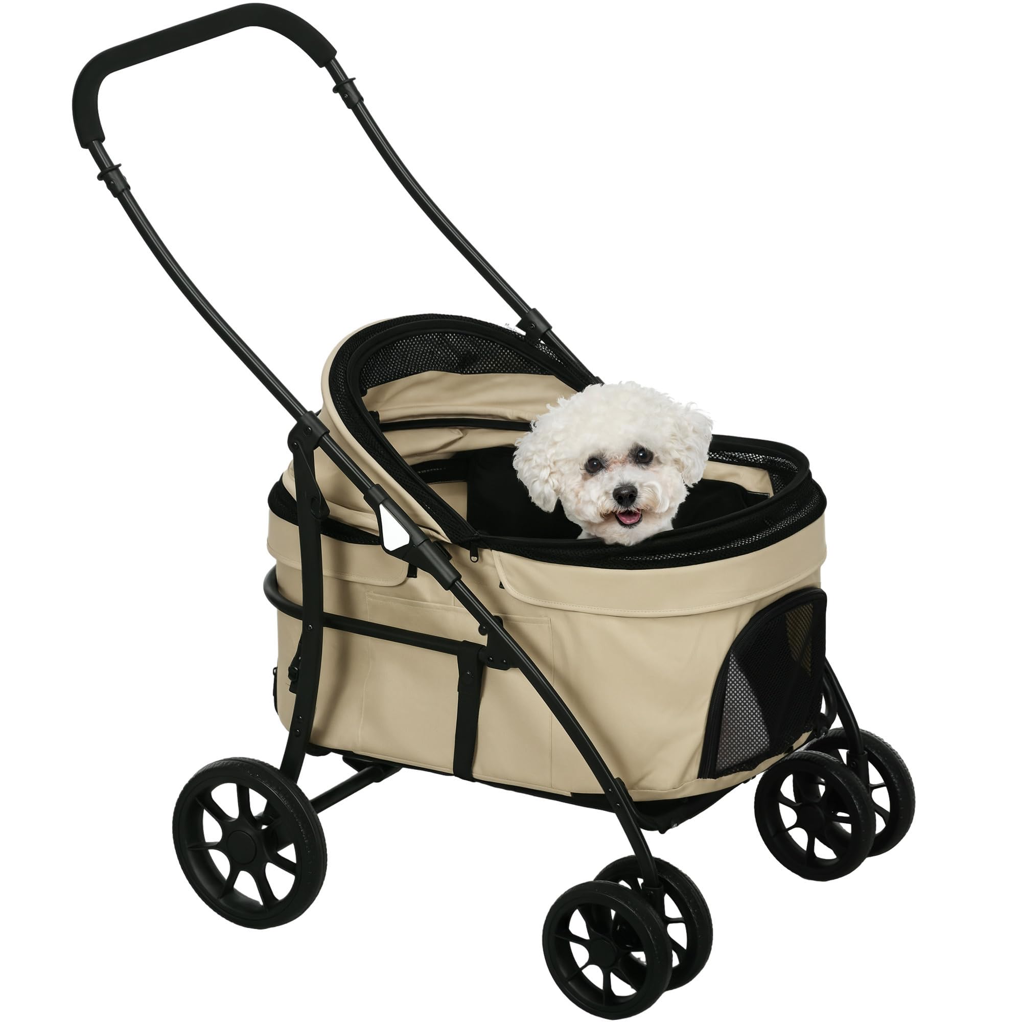 PawHut Carrito para Perros 2 en 1 Cochecito para Perros Pequeños Plegable con 2 Correas de Seguridad 2 Bolsillos Laterales Cojín Lavable y Ruedas Universales Carga 15 kg Caqui