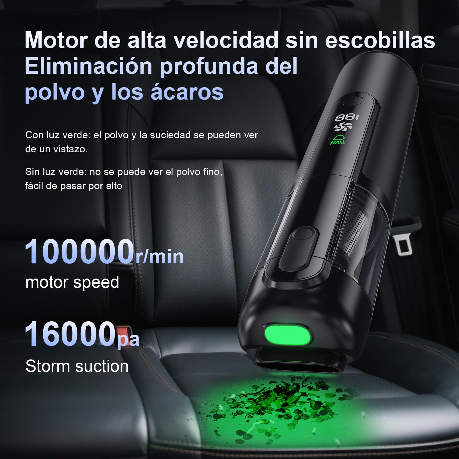 Aspiradora de Mano 4 en 1 (16 500 Pa, Motor sin escobillas 80 W)​​ – Portátil con Pantalla LED, 27 min autonomía, Carcasa de Aluminio ​​Negro​​ para Coche, hogar y Oficina.
