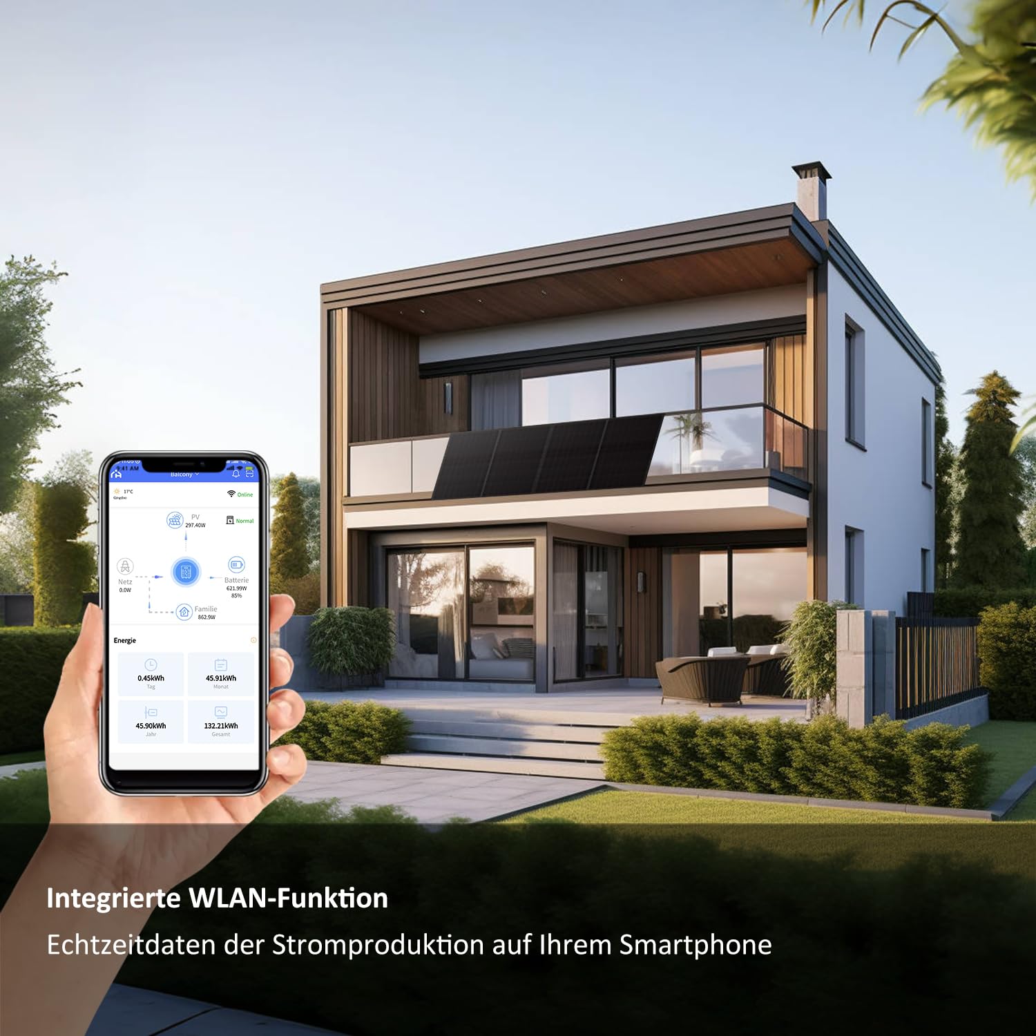 Haier 840 W Balkonkraftwerk inkl. sturmsicherer Balkon-Halterung, 600 W / 800 W Stecker-Solaranlage mit 2x 420 W Modulen und Wechselrichter, 5 m Kabel, WiFi