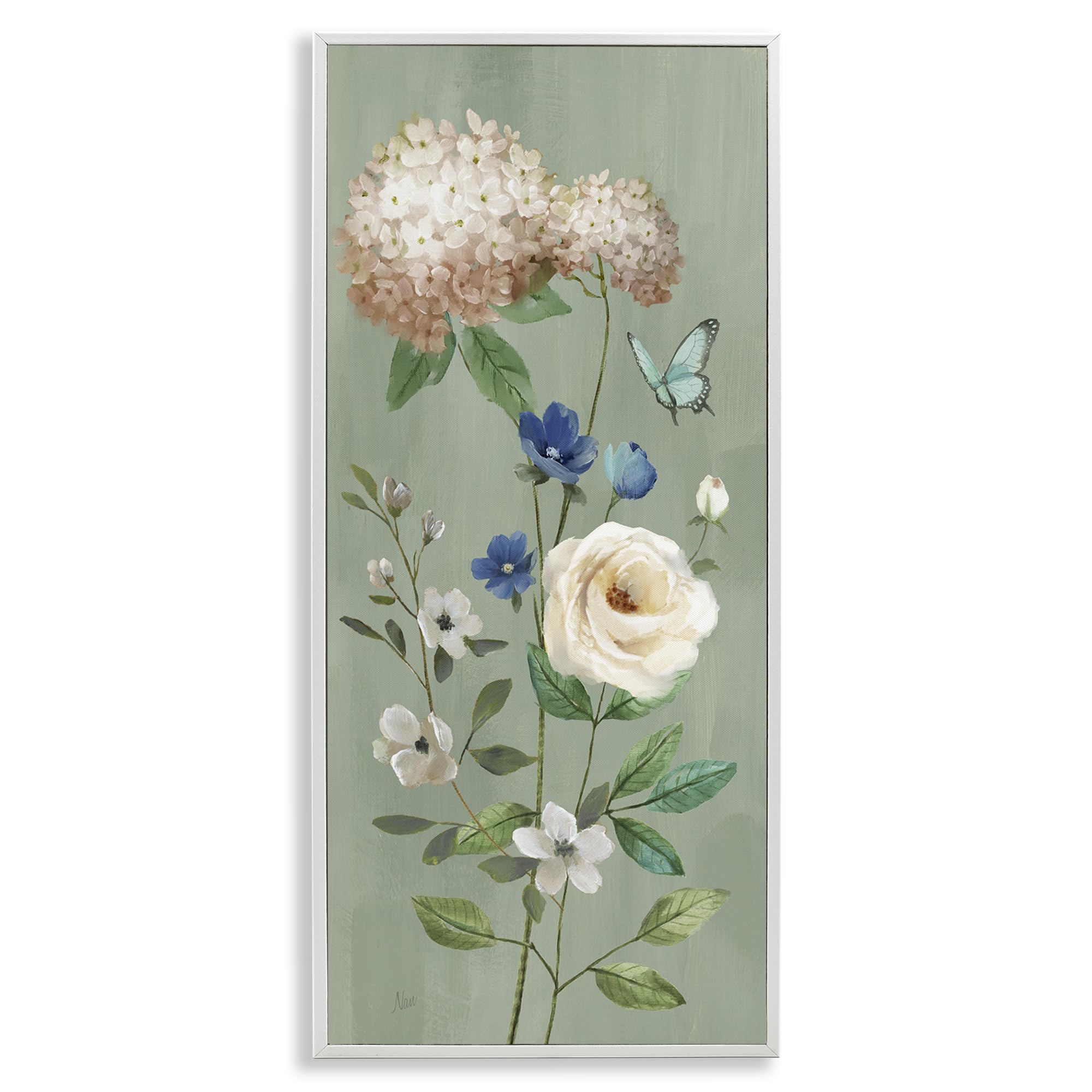 Stupell Industries Hydrangea Rose Butterfly Floral 'Hydrangea & Rose With Butterfly', Framed Giclee Art, White, 10 X 24 Inches, Easy To Hang And Sturdy, Made In Usa, By Nan