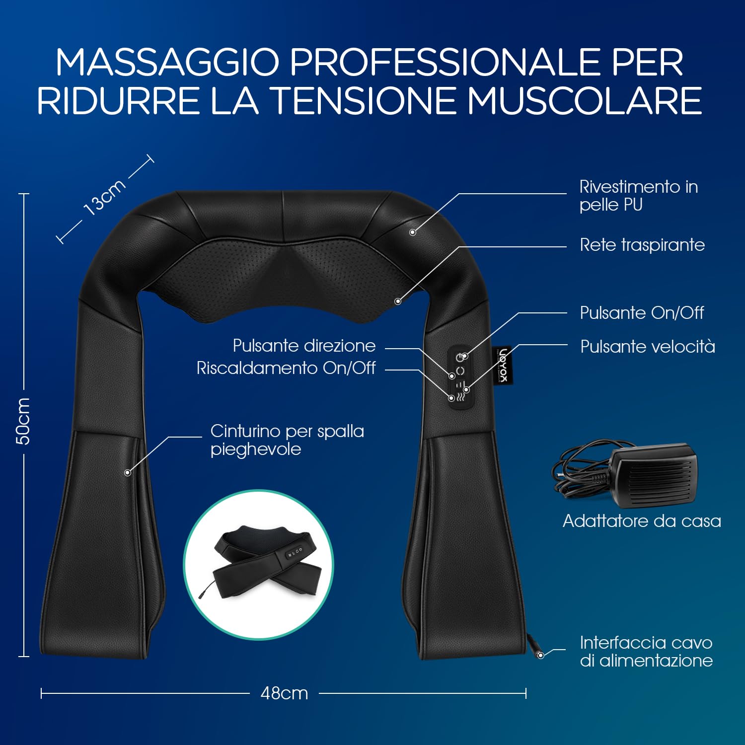 massaggiatore schiena e collo, massaggiatore cervicale elettrico con rullo 4D, intensità regolabile, portatile per corpo massaggiatore (Nero Scuro)