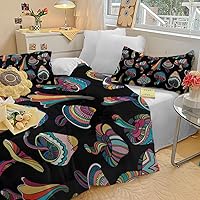 Vista 123 de SOULZZZ Juego de ropa de cama retro hippie tamaño matrimonial, edredón floral de hongos margaritas para niñas y mujeres, edredón negro con 2 fundas