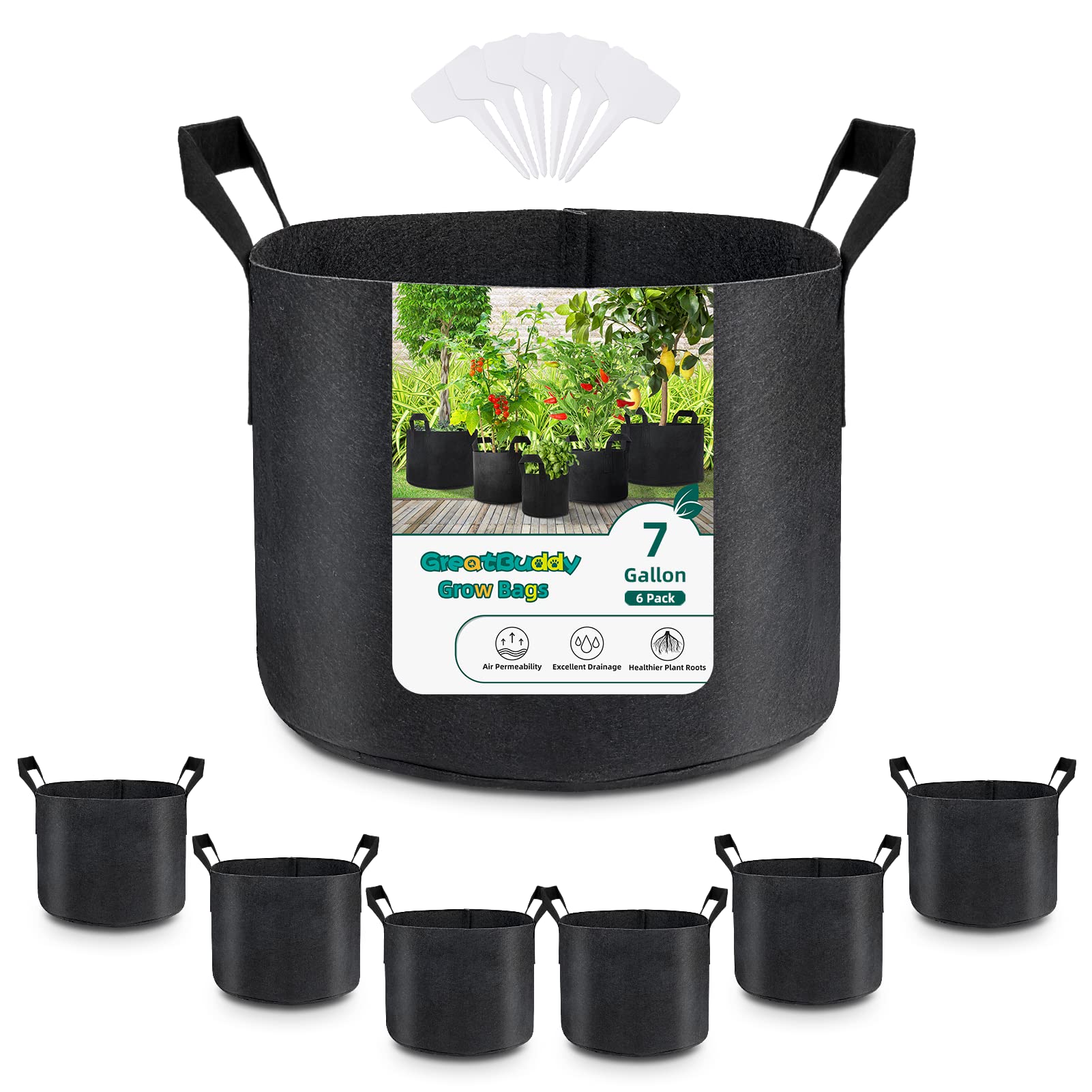 GreatBuddy 7 Gallon Grow Bags 6-Pack, Thick Fabric Pots for Plants, Sturdy Handles & Reinforced Stitching, Labels Included, Black