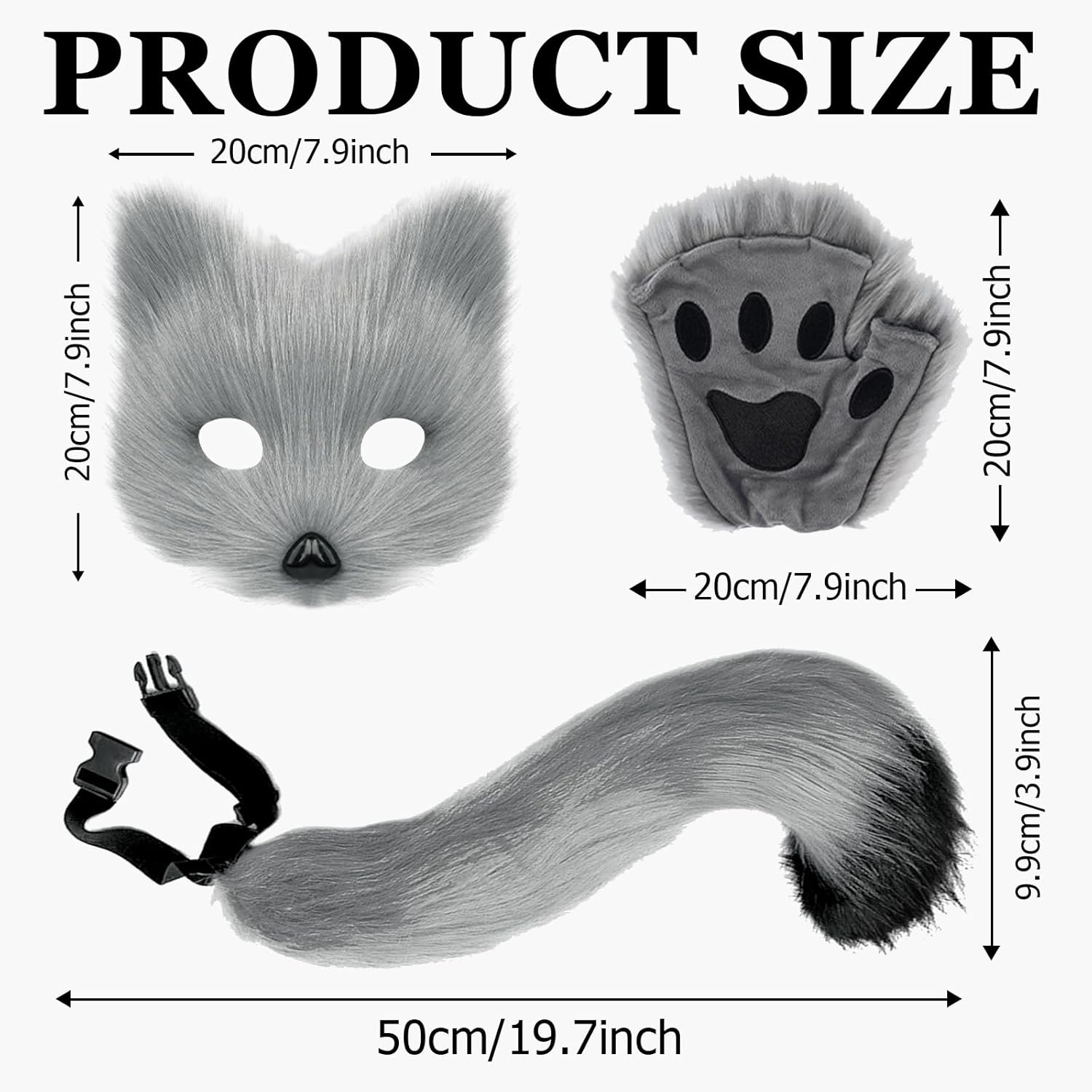 4 Pcs Therian Mask Paw and Tail Set, Plush Mask Fluffy Paw Gloves for Adult Men Women, Faux Fur Fox Tail Cat Wolf Cosplay Costume Set for Halloween Christmas Party Cosplay, Grey - Image 2