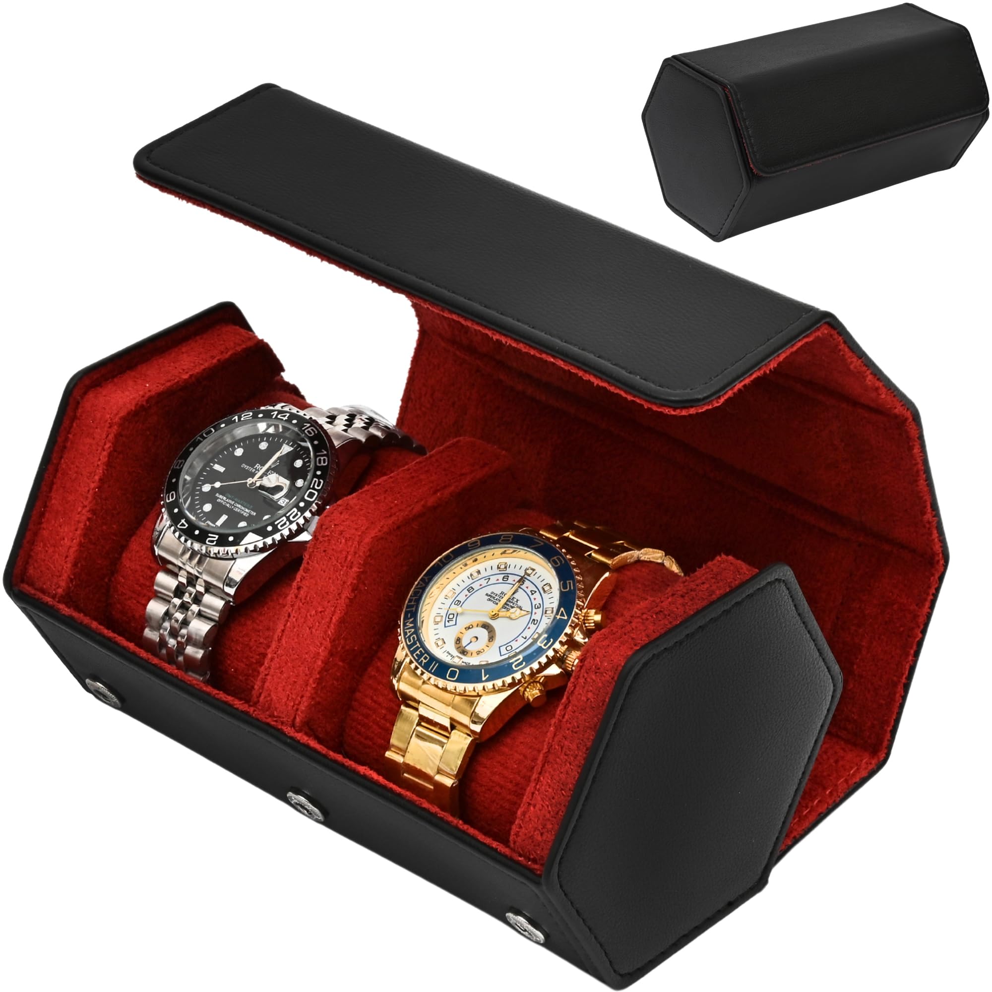 Leather Watch Roll for 2 Watches - Velvet-Lined Travel Case, Luxury Watch Rolls Organizer with Storage & Display for Men (2 Slot-Black/Red)