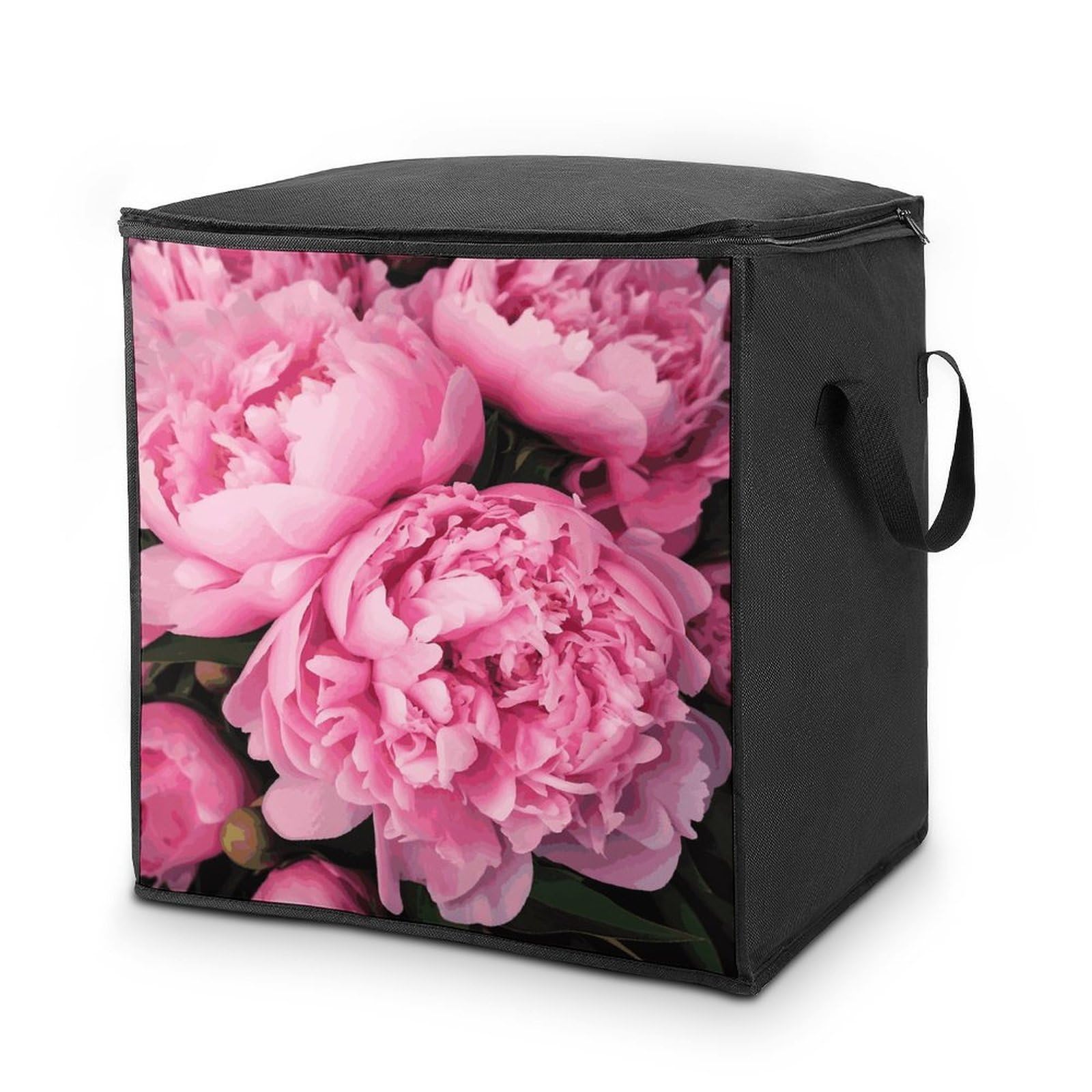 Pink Peony Storage Bag with Zippers And Handle Extra Large Bedding Comforter Storage Bag Foldable Blanket Storage Bags Fabric Moving Bags for Closet Organizer (70L)