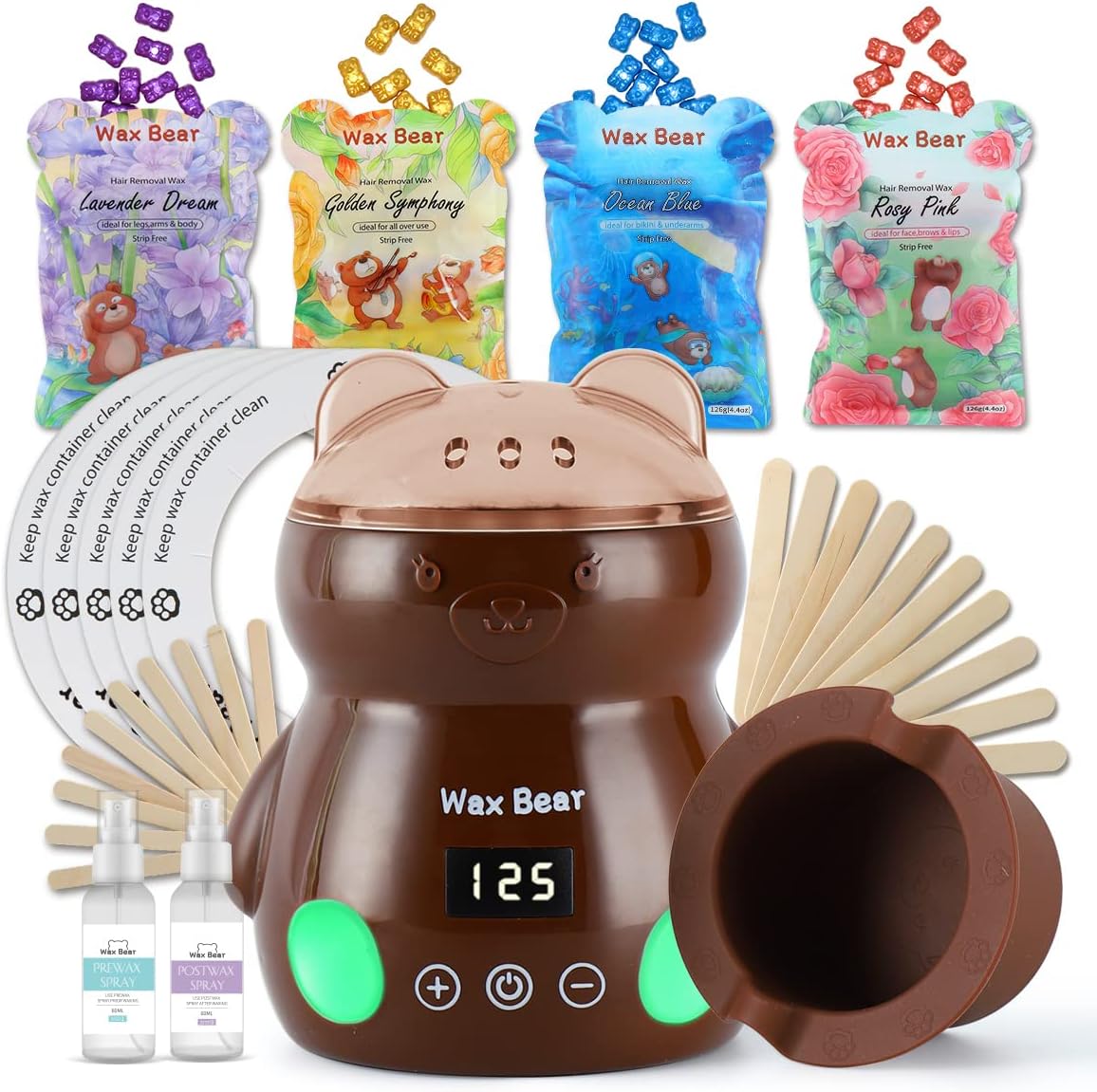 WAX BEAR Waxing Kit for Women,Touch Screen Display Wax Machine with 4 bags/17.6oz Hard Wax Beans For Sensitive Skin Hard Wax Kit for Hair Removal