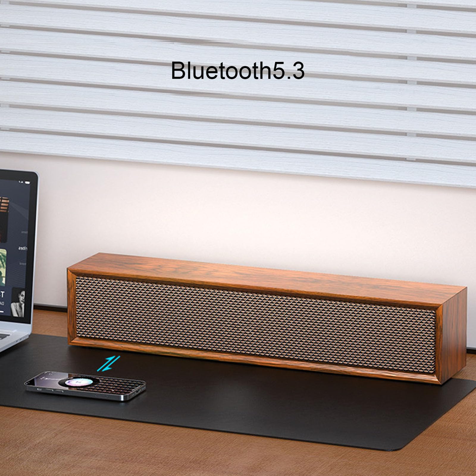 Barre de son PC USB et Bluetooth5.3, en bois 5 W 3D Stéréo Surround Speaker, Portables 2.0 Canaux Audio Haut-parleurs pour PC de bureau, ordinateur portable, tablette Smartphone TV