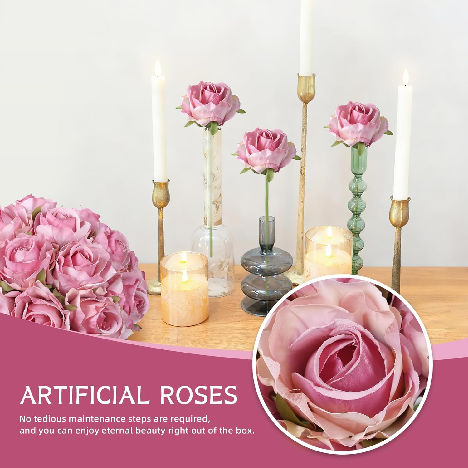 Ivydale 18pcs Pink Roses Artificial Flowers, Fake Roses Silk Flowers with Stems Realistic Bouquet for Wedding Party Home Decoration DIY Centerpiece Floral Romantic Gifts