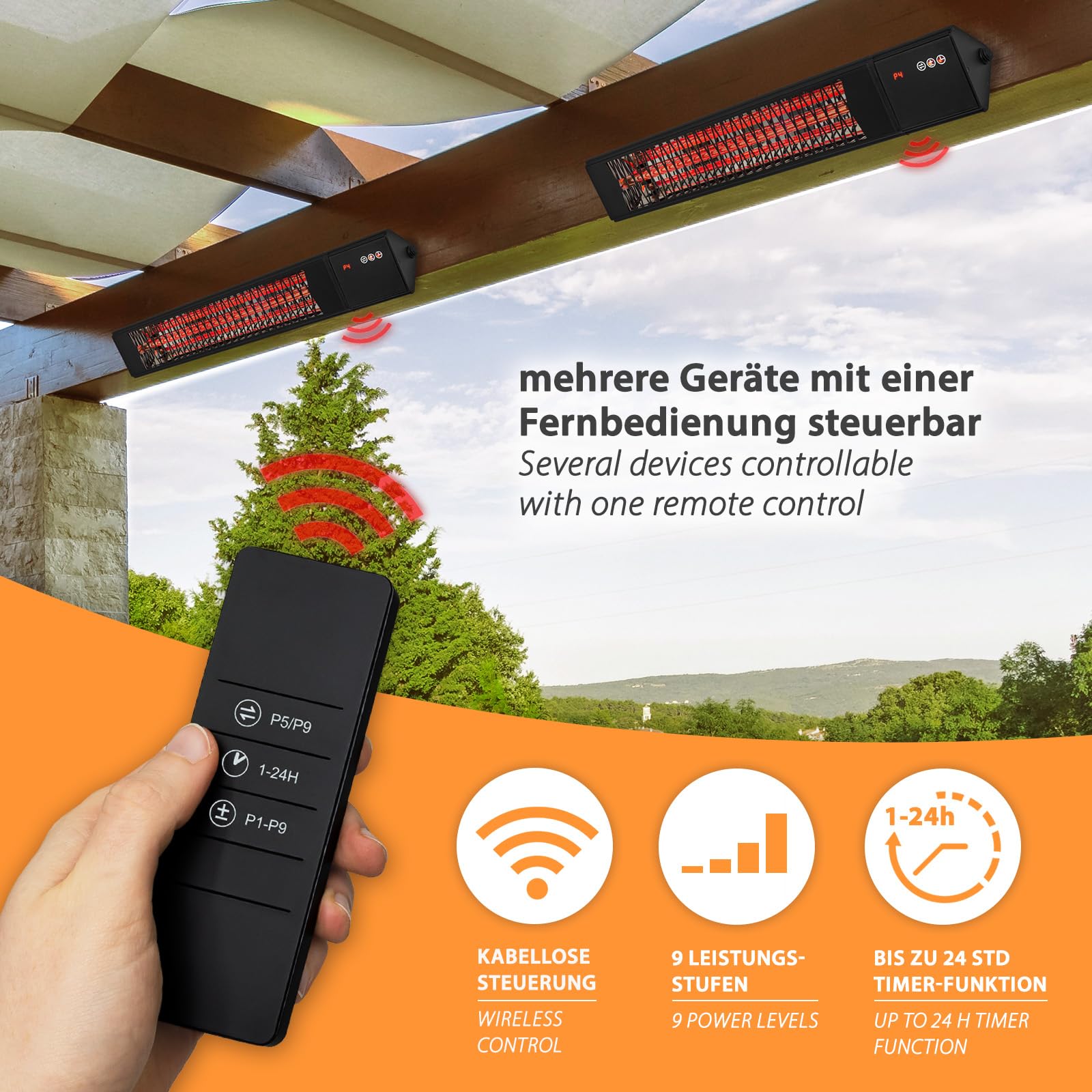 Smart Diamond 2000 W riscaldatore a infrarossi per terrazze, 9 livelli di riscaldamento, telecomando, Tuya Smart App, IP65 Outdoor