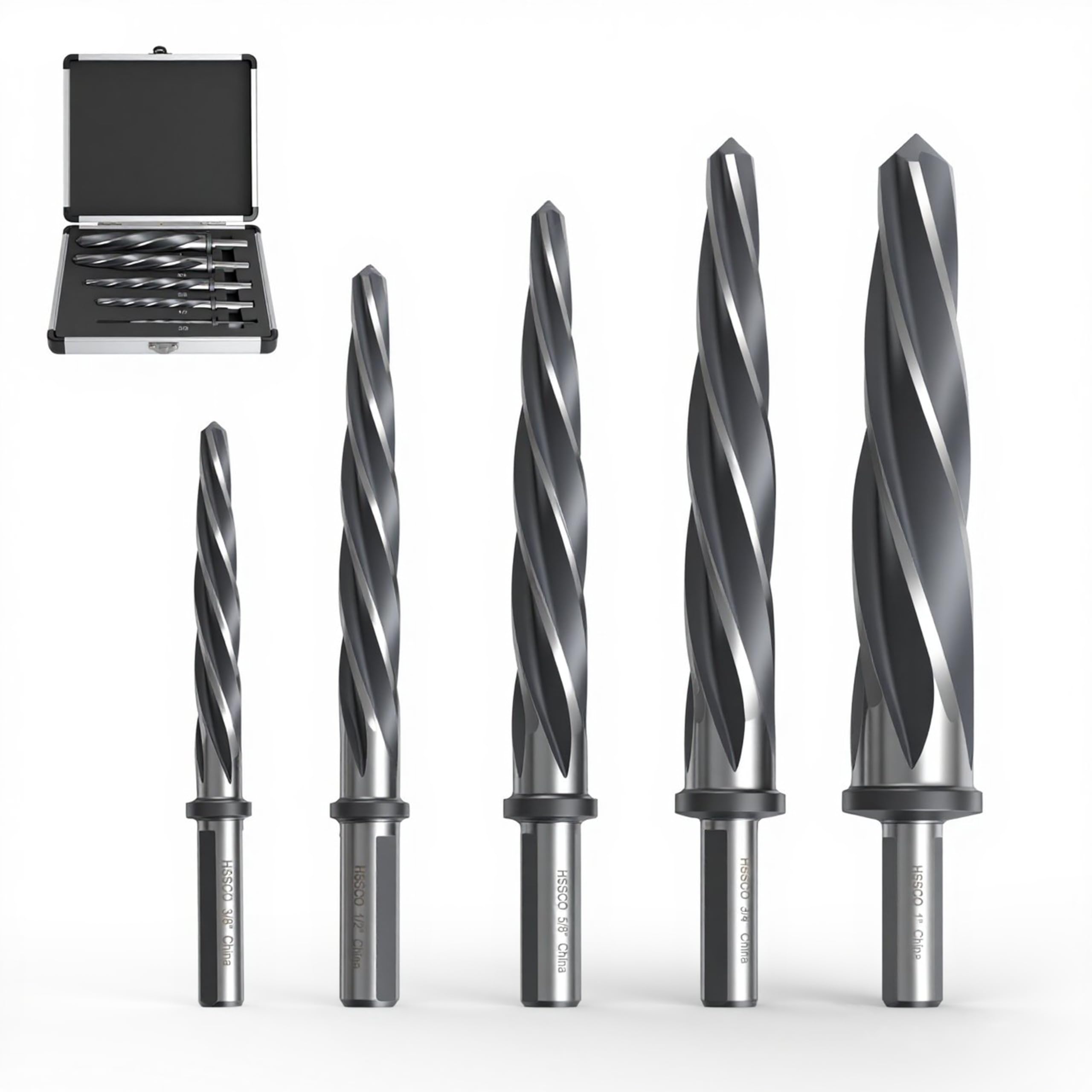 5 Stück M35 HSS Kegelspannreibahle-Set, 3/8 Zoll, 1/2 Zoll, 5/8 Zoll, 3/4 Zoll, 2,5 cm, passend für 3/8 Zoll oder 1/2 Zoll Schaftkonstruktion, Reibahle, Bohrer, Brücke, auch für Holz, Legierung, Stahl