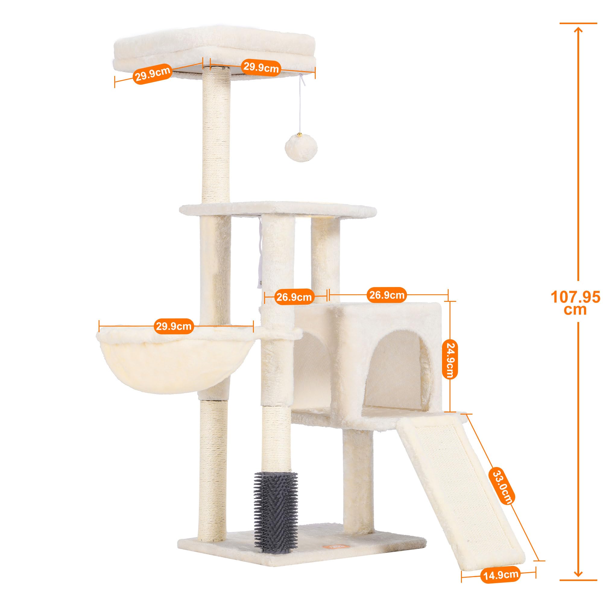 Heybly Arbre à Chat, Brosse de Nettoyage Automatique, Arbre à Chat Domestique Robuste avec Peluche Polie, Chaise Longue, Bac à Litière avec Panneaux et Griffoir, Beige HCT005SM