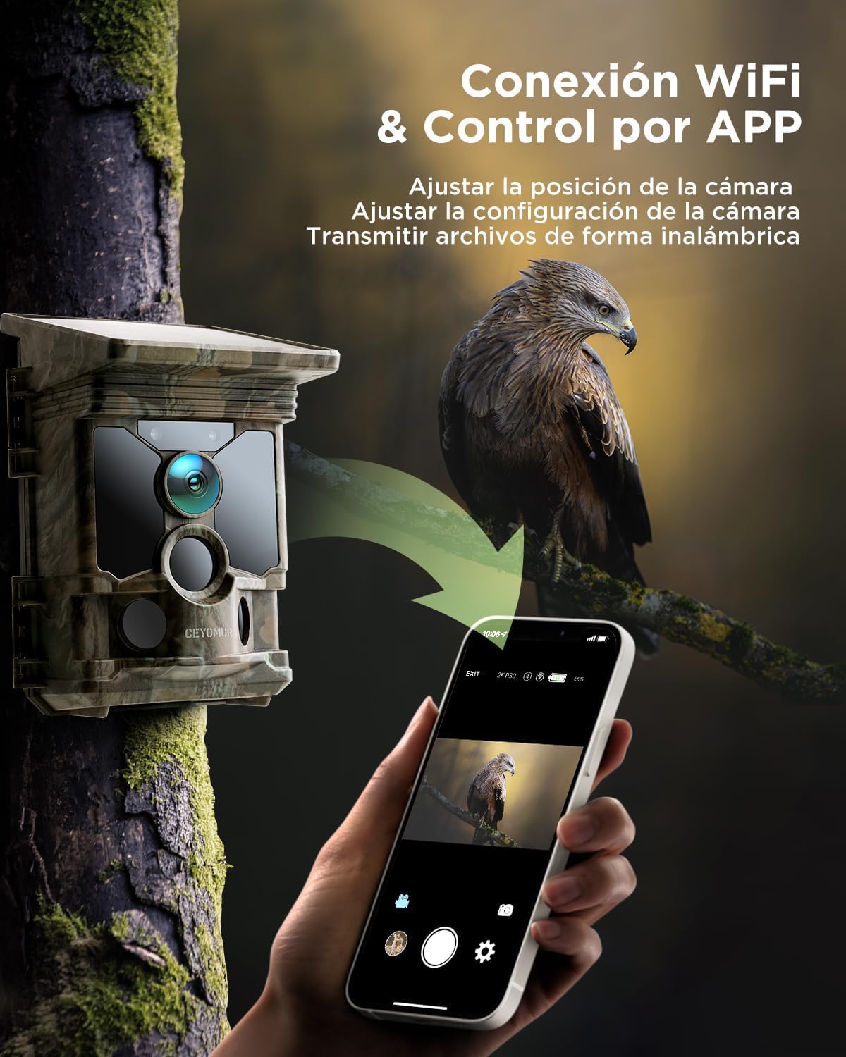 CEYOMUR Cámara Caza Solar 4K 68MP, Camara Fototrampeo Wi-Fi con Batería de 5200 mAh, Sensor de Movimiento de 120°, Visión Nocturna, IP66 a Prueba de Agua con Tarjeta Micro SD de 32 GB