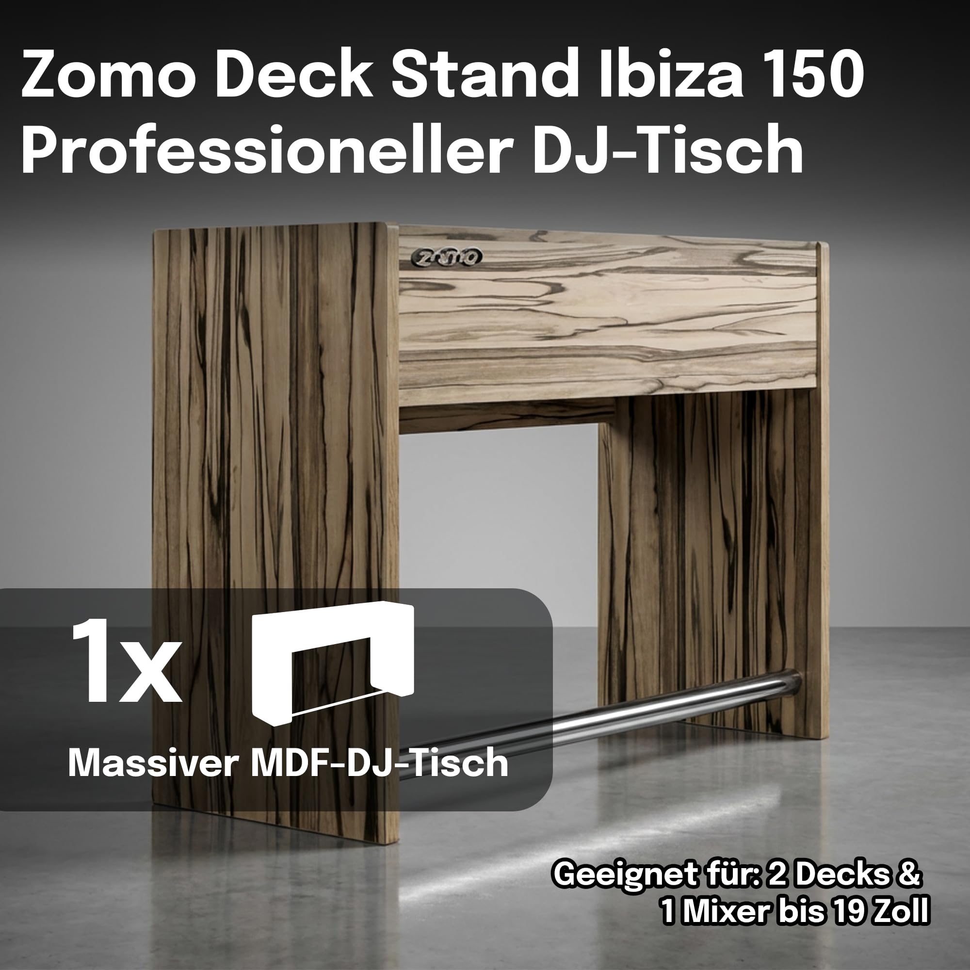 Zomo Deck Stand Ibiza 150 - DJ Tisch 153 x 50,6 x 96 cm - Zebrano - MDF Holz - 46,1 kg - für 2 Decks und einen Mixer bis 19 Zoll