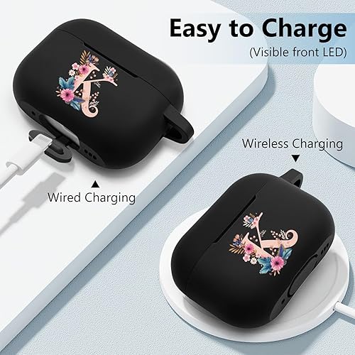 Miniatura 4 de Funda compatible con AirPods Pro 2, funda de silicona para AirPod Pro de 2 generación con símbolo de letras de flores, Airpods Pro con llavero