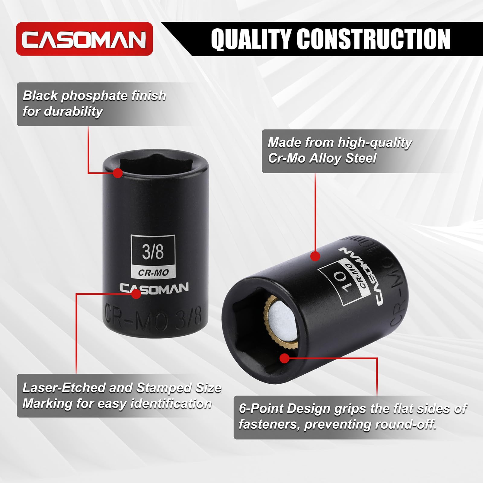 CASOMAN Set di 30 bussole magnetiche a impatto basso da 1/4", 6 punti, CR-MO, SAE e metrico, include barre di estensione, adattatori per prese e codolo esagonale, giunto universale