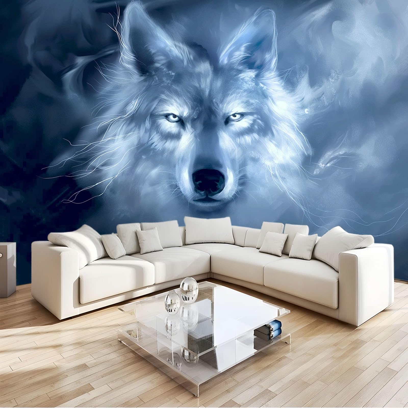 Navy Blue Wallpaper Mural Animal Wolf Mist 3D Non-Woven Premium Wall Mural, Removable Photo Wallpaper & Art Print for Living Room Bedroom & Kids' Room Decoration Poster W400 X H280 Cm