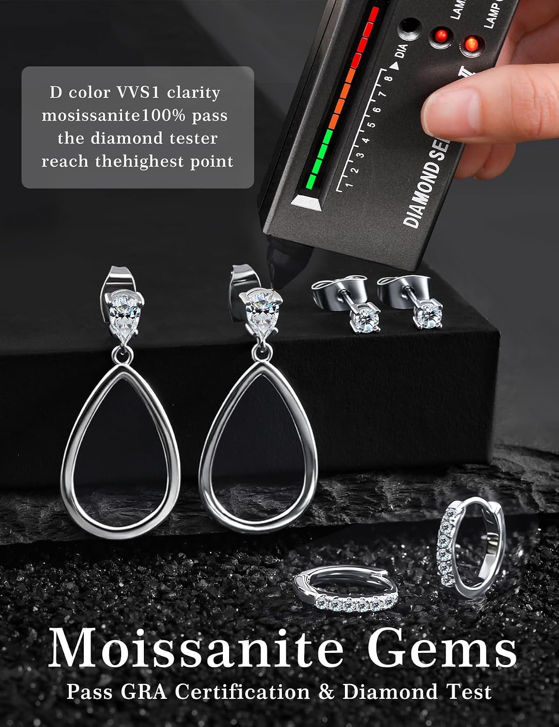 3 Pairs Moissanite 925 Sterling Silver Earrings Set for Women, 18K White Gold Plated Hypoallergenic Small Trendy Earrings