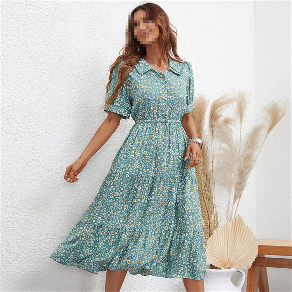 Vsadsau Vestido largo de verano para mujer, estampado floral, vestido midi de fiesta, manga corta, vestido largo acampanado