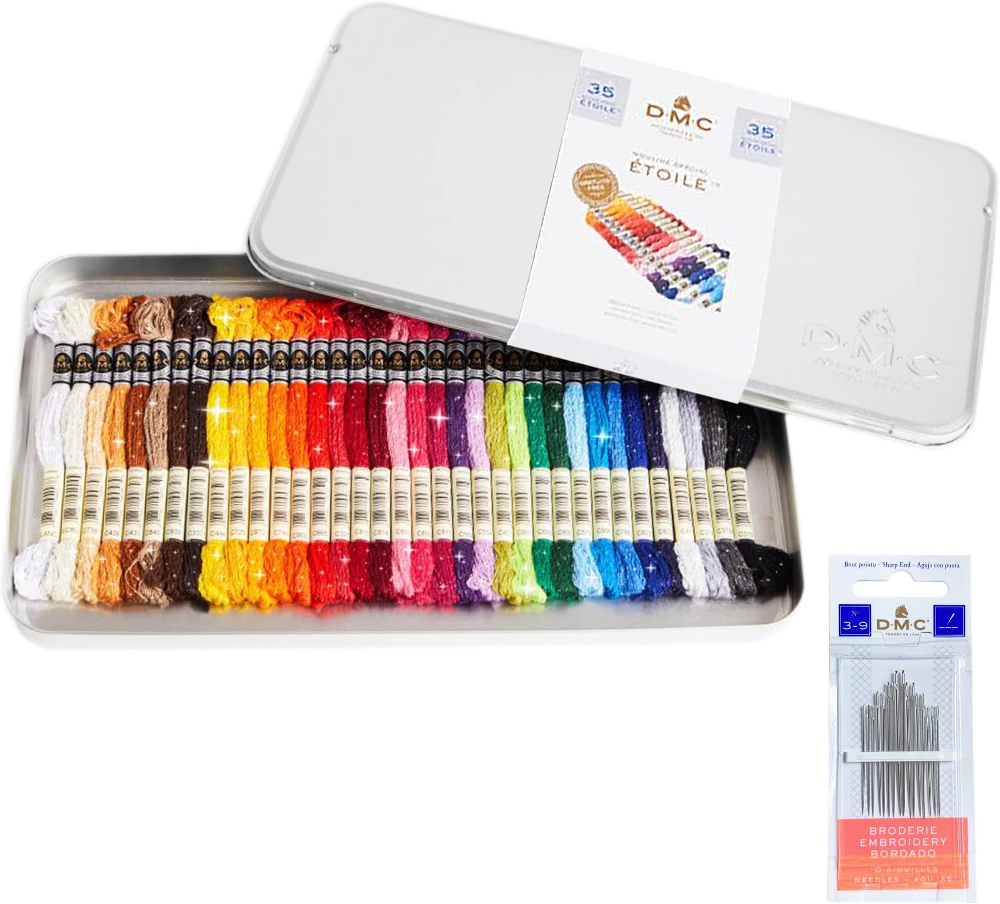 DMC Embroidery Floss, Mouline Etoile Collector Tin, 35 Colorful Set of Metallic Embroidery Thread Kit Bundle with DMC Cross Stitch Needles Size 3/9, Metallic Cotton Embroidery String