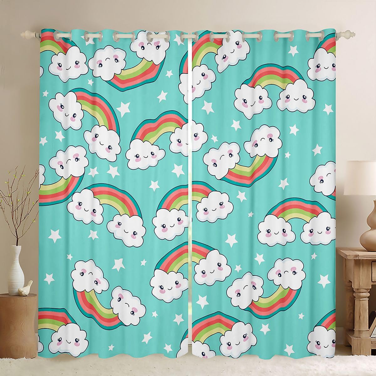 Homewish Rideau Occultant 117x183 cm Arc-en-Ciel,Rideau Nuages,Rideaux Voilage Enfants Garçons Filles Étoiles Imprimer Mignon Carton Nuage,Voilage Fenetre Kawaii Princesse de Rêve Tael pour Chambre