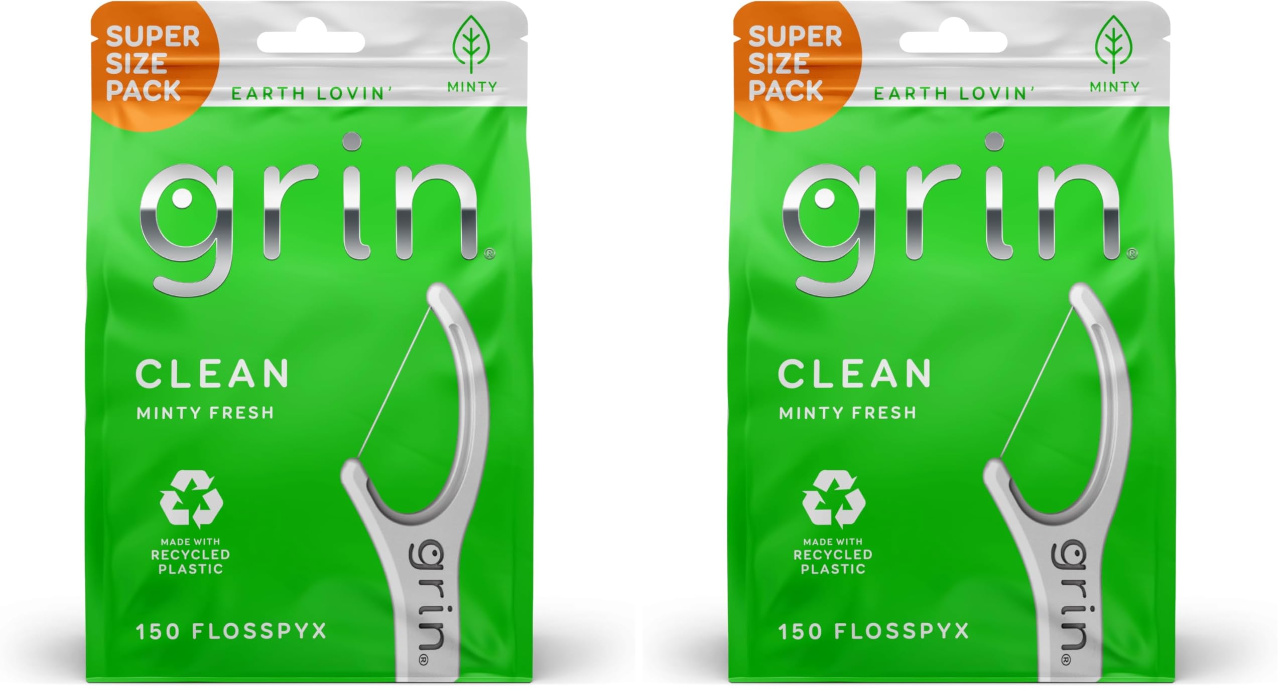 GRIN Clean Flosspyx Floss Picks 150 Count Dental Flossers Minty Flavor Recycled Plastic Super Strong Fine Floss Tight