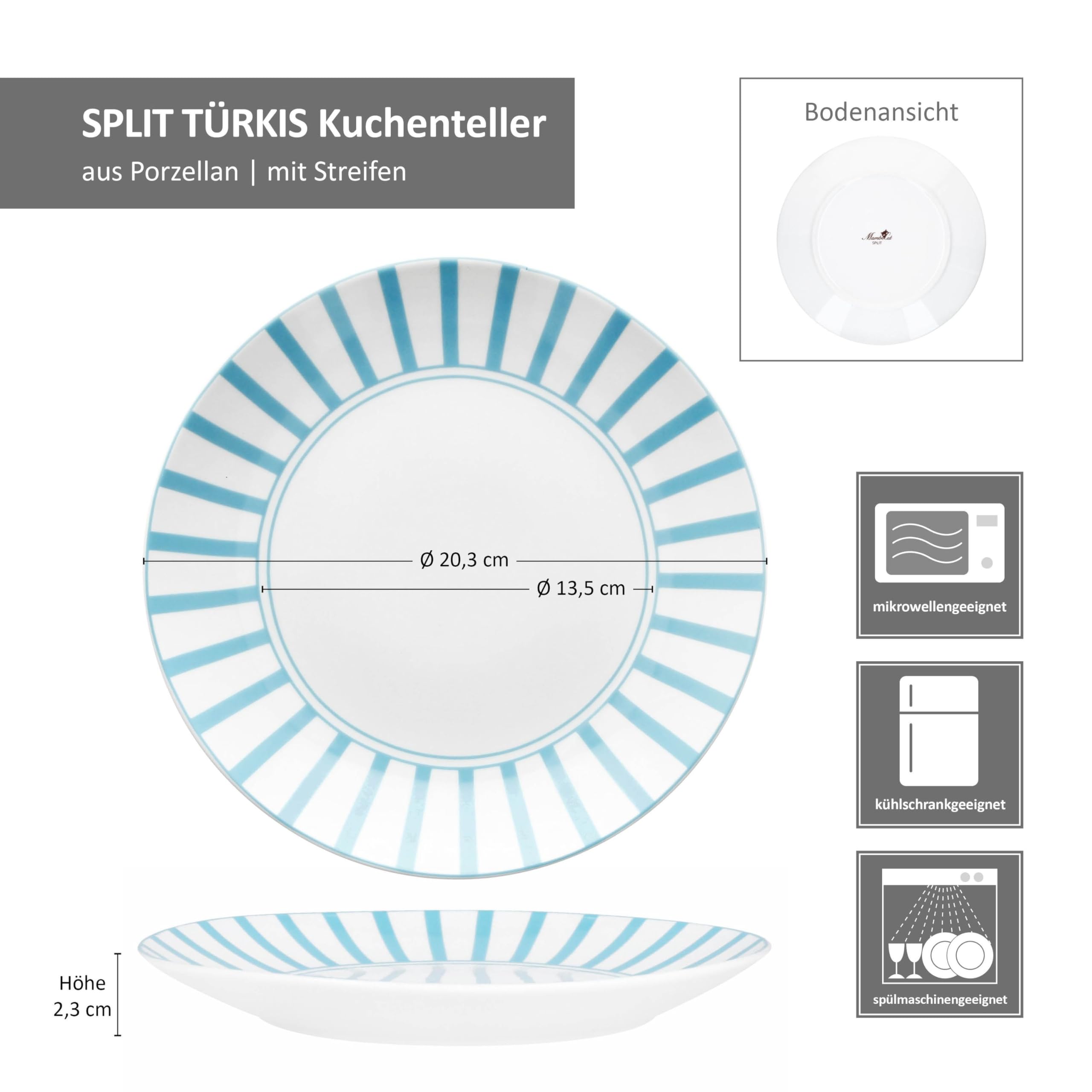 MamboCat Split türkis 6er Set Kuchenteller I weißes Porzellan-Frühstücksteller mit Streifen für 6 Personen I kleine Teller für Salat, Dessert, Fingerfood & Co.