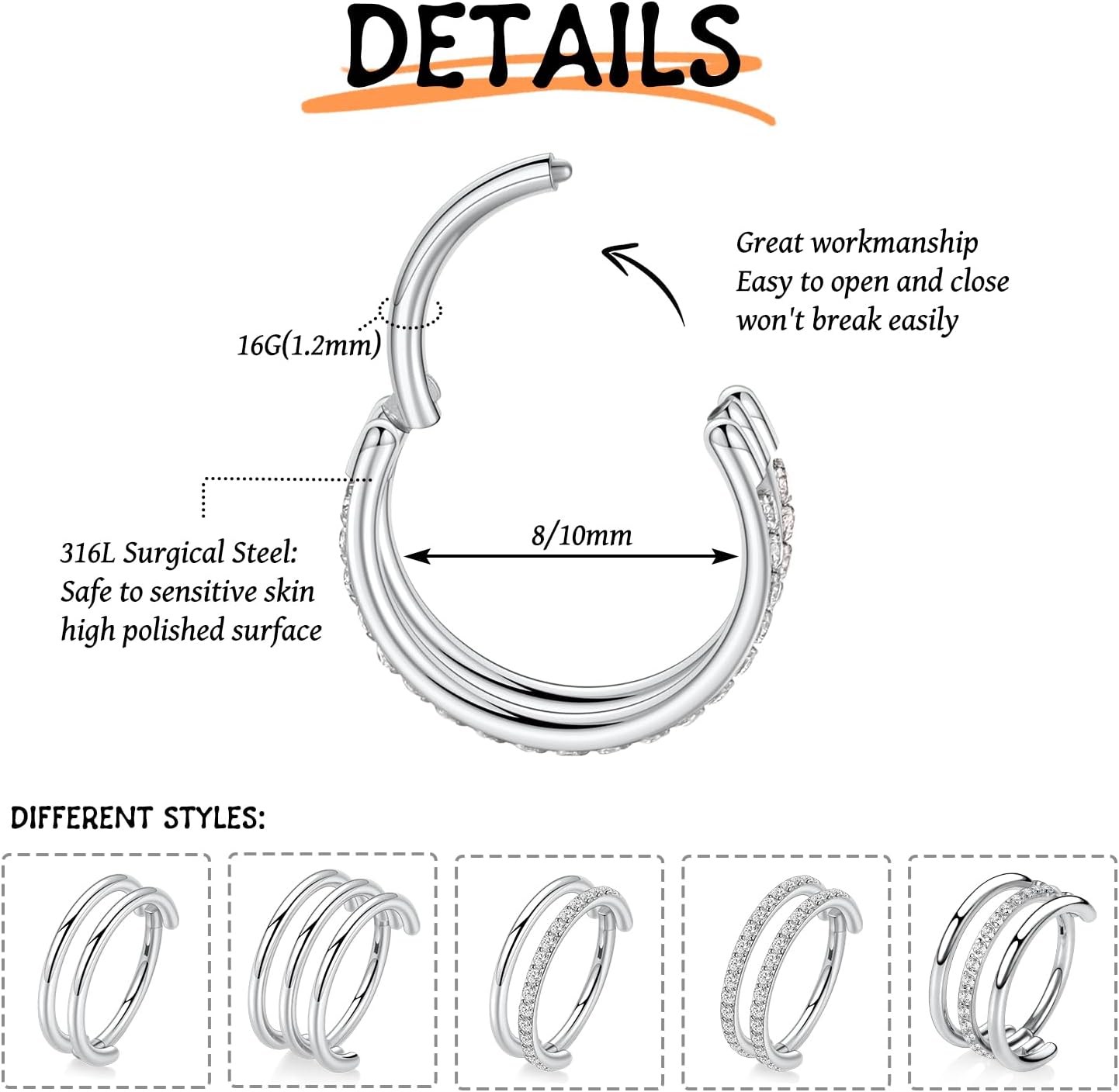 FUNLMO 316L Surgical Steel Conch Helix Piercing Jewelry Cartilage Hoop Earring Septum Ring Nose Ring Rook Lobe Daith Tragus Piercing Jewelry 16G Double/Triple Hoop - Image 2