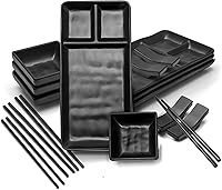 Goliber Black Melamine Sushi Serving Set for 4 - 16pc Japanese Plates, Soy Sauce Dishes, Chopsticks & Stands, Dishwasher Safe