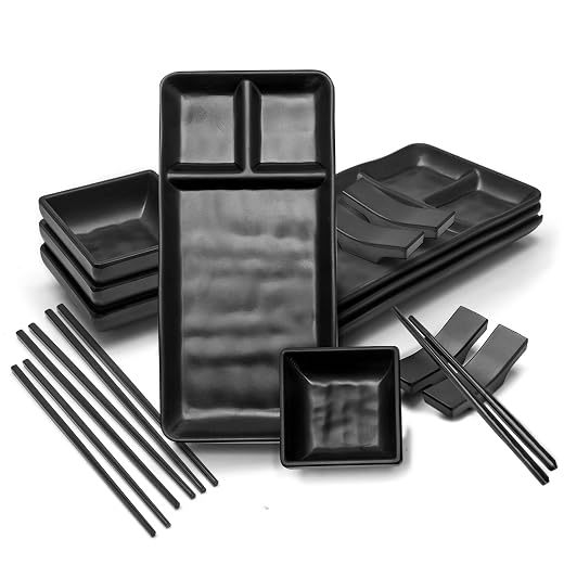 16 Pc. Japanese Sushi Plate Set with Plates, Soy Sauce Bowls, Chopsticks and Holders, Melamine Tableware Serving Dishes for Modern Dining, Classic 4 Person Dinnerware