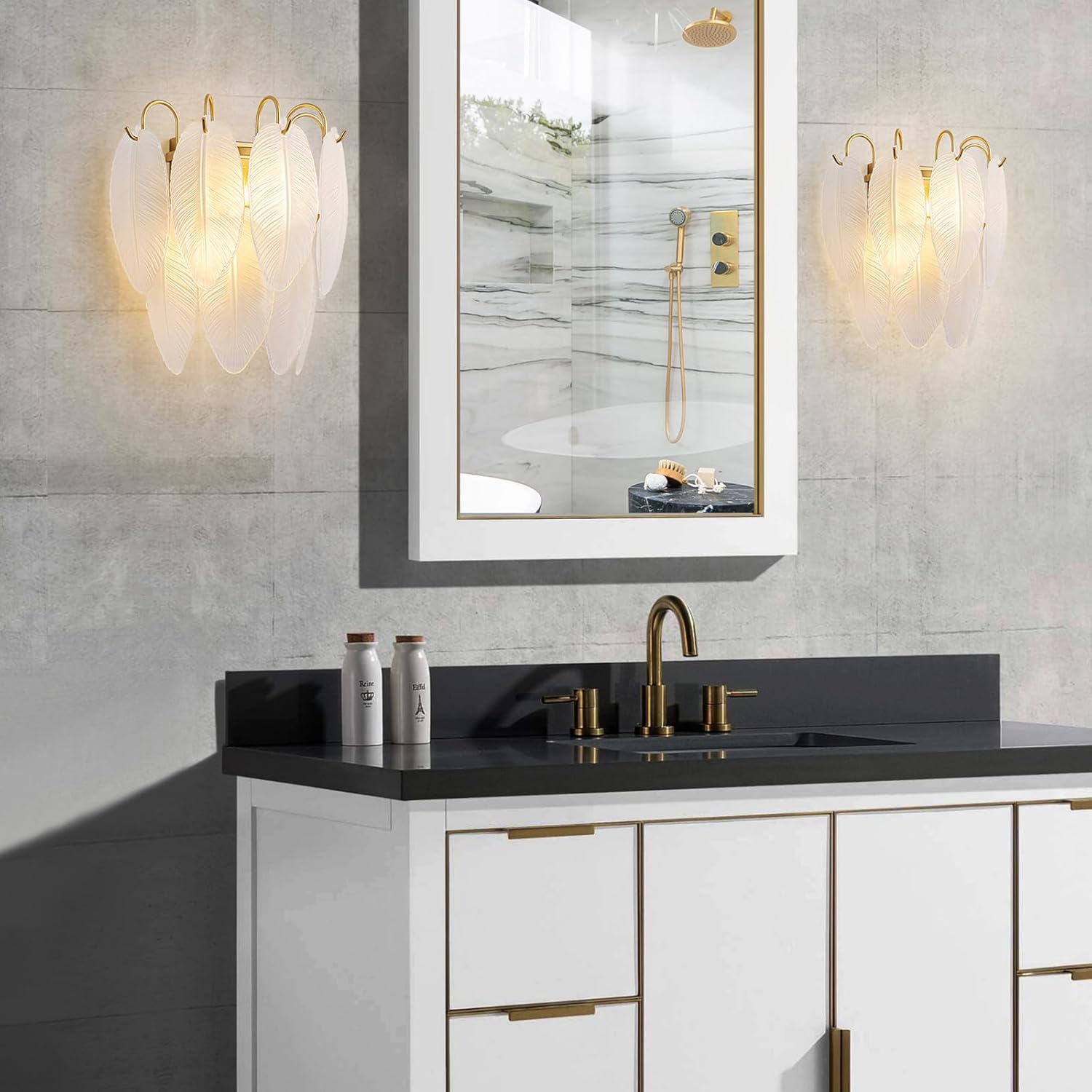 2-Light Gold Wall Sconces, Modern Design Indoor Wall Lamp, Vanity Wall Mount Light Fixture for Bathroom, Hallway, Bedroom, Frosted Feather-Shaped Glass Shade & Brass Finish Frame
