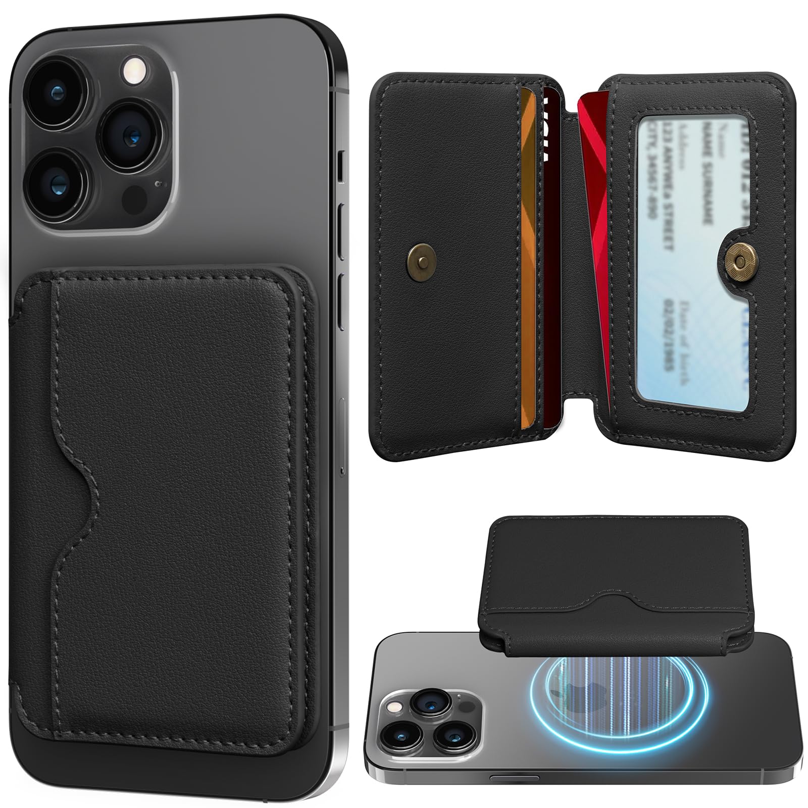 LOHASIC for MagSafe Wallet, Magnetic Phone Card Holder with RFID Blocking Vegan PU Leather 4 Card Slots, Business Elegant Magnetic Wallet for iPhone