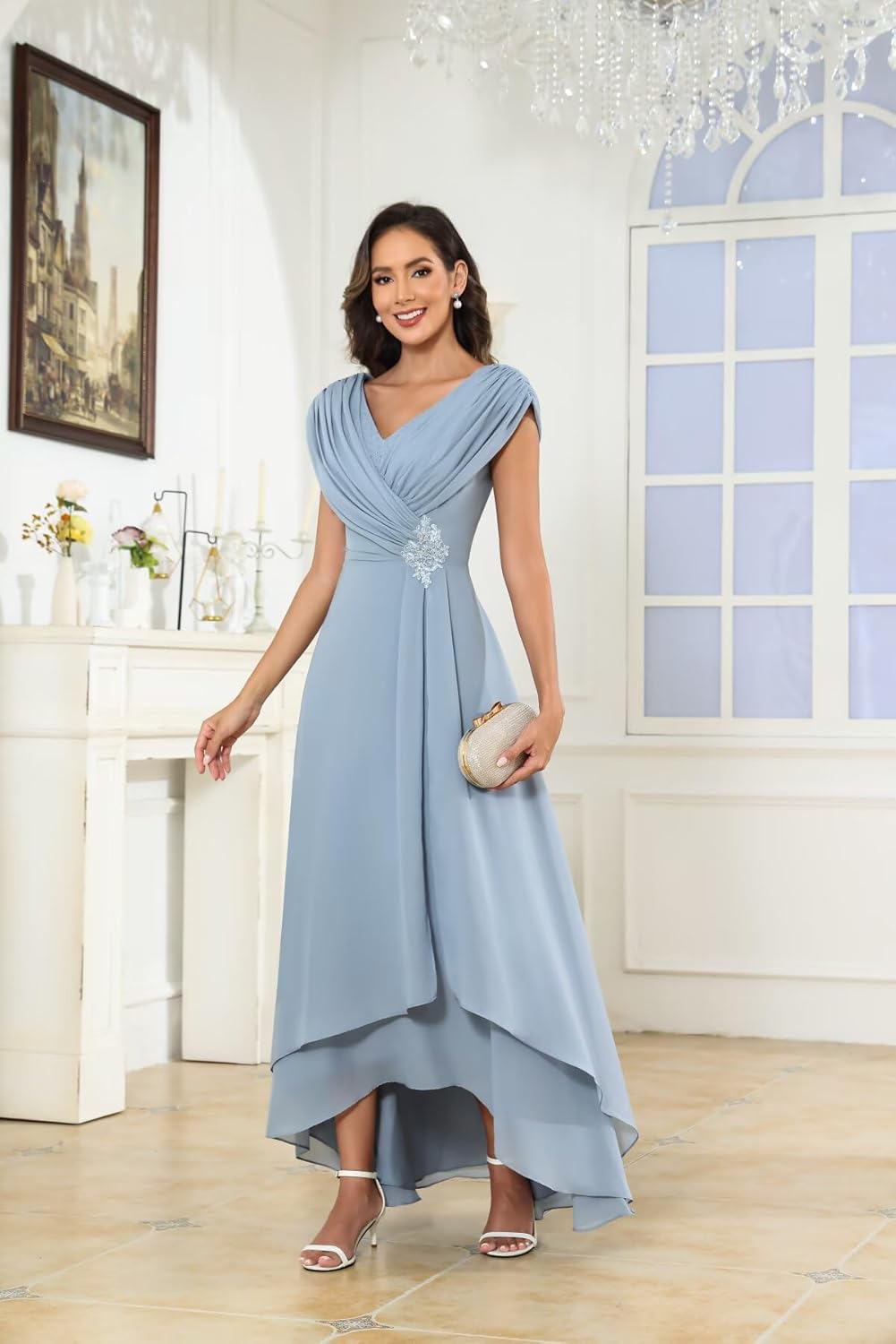 Lace Appliques Mother of The Bride Dresses for Wedding Cap Sleeves V Neck Ruffles Formal Wedding Guest Dress