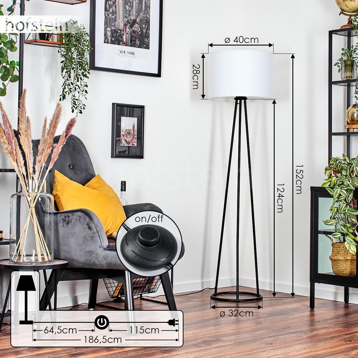 Stehleuchte Bassagoda, Stehlampe aus Metall/Stoff in Schwarz/Weiß, Leuchte im modernen Design mit rundem Schirm (Ø 40 cm) u. Fußschalter, Höhe 152 cm, 1 x E27, ohne Leuchtmittel