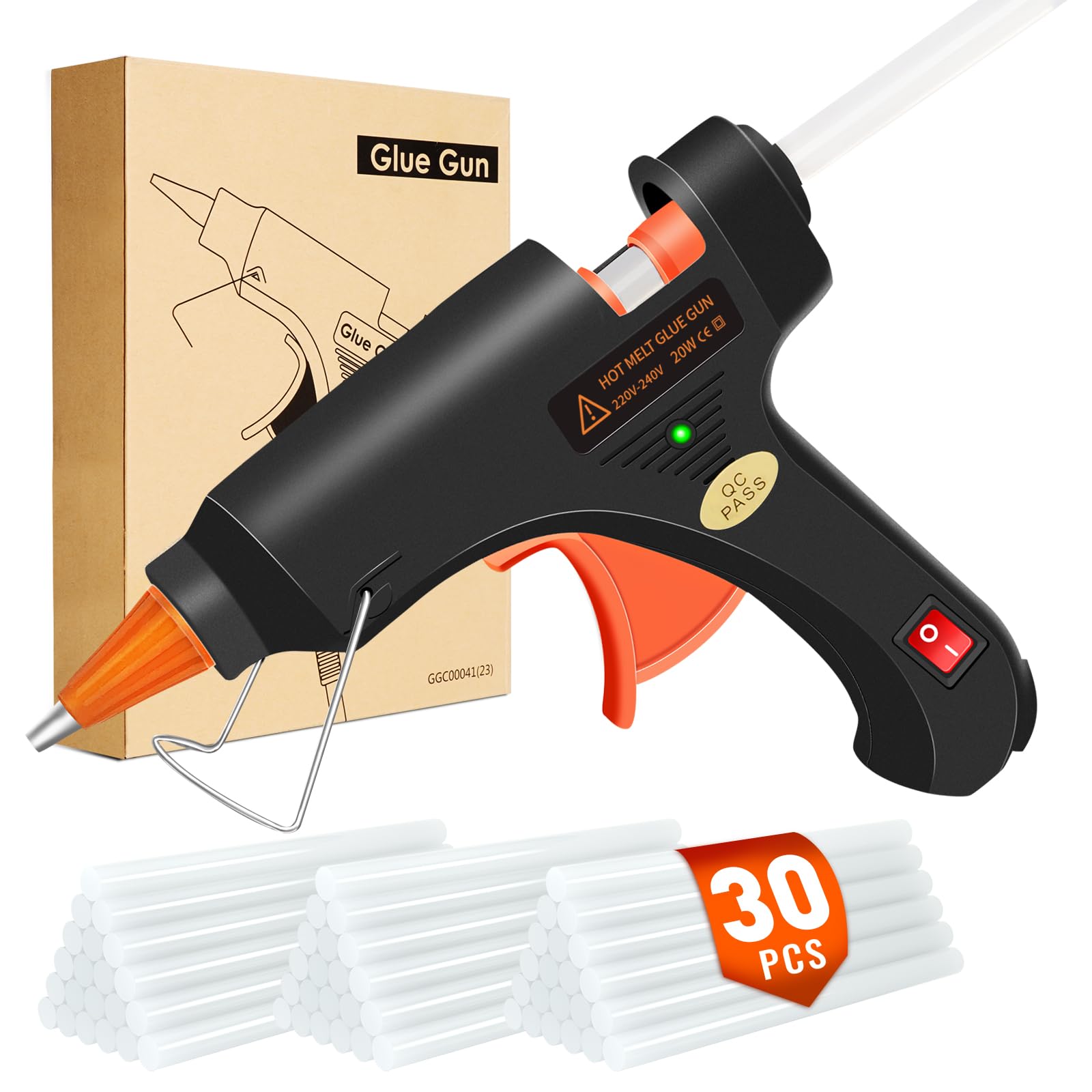 Crenova Pistola de Silicona Caliente 20W con 30 Barras de Silicona, Pistola de Pegamento para Trabajos de Manualidades Bricolaje en Casa y Oficina, para Reparaciones Rápidas