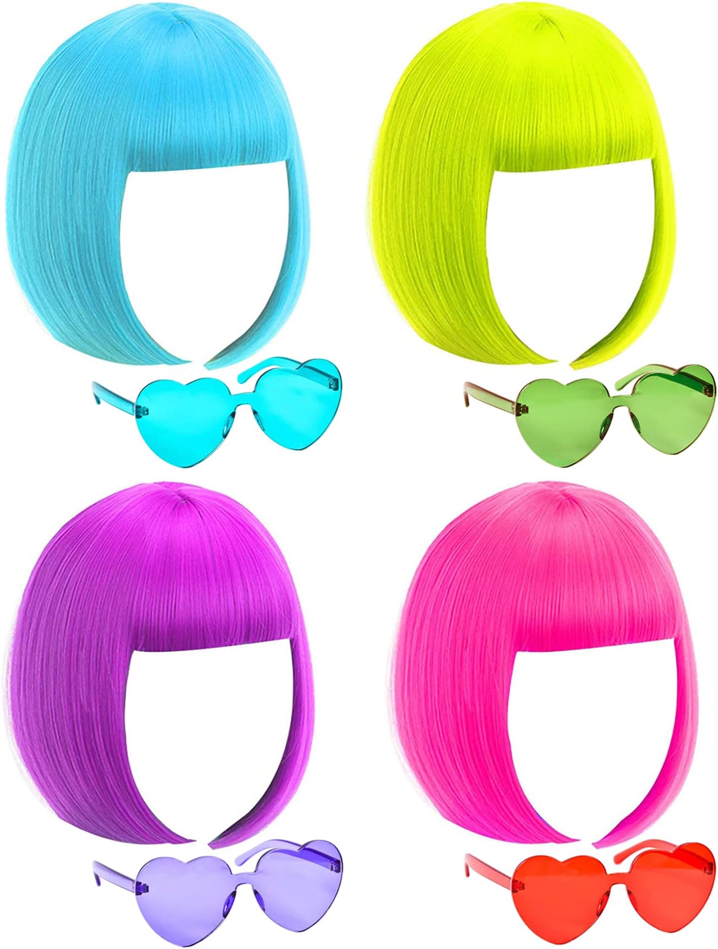 Colored Wigs with Flat Bangs 4 Pack,Neon Short Bob Wig,Wig Cap, Heart Bachelorette Sunglasses Pack Costume Colorful Cosplay Wig for St. Patrick,Christmas,Cosplay Party and Night Club