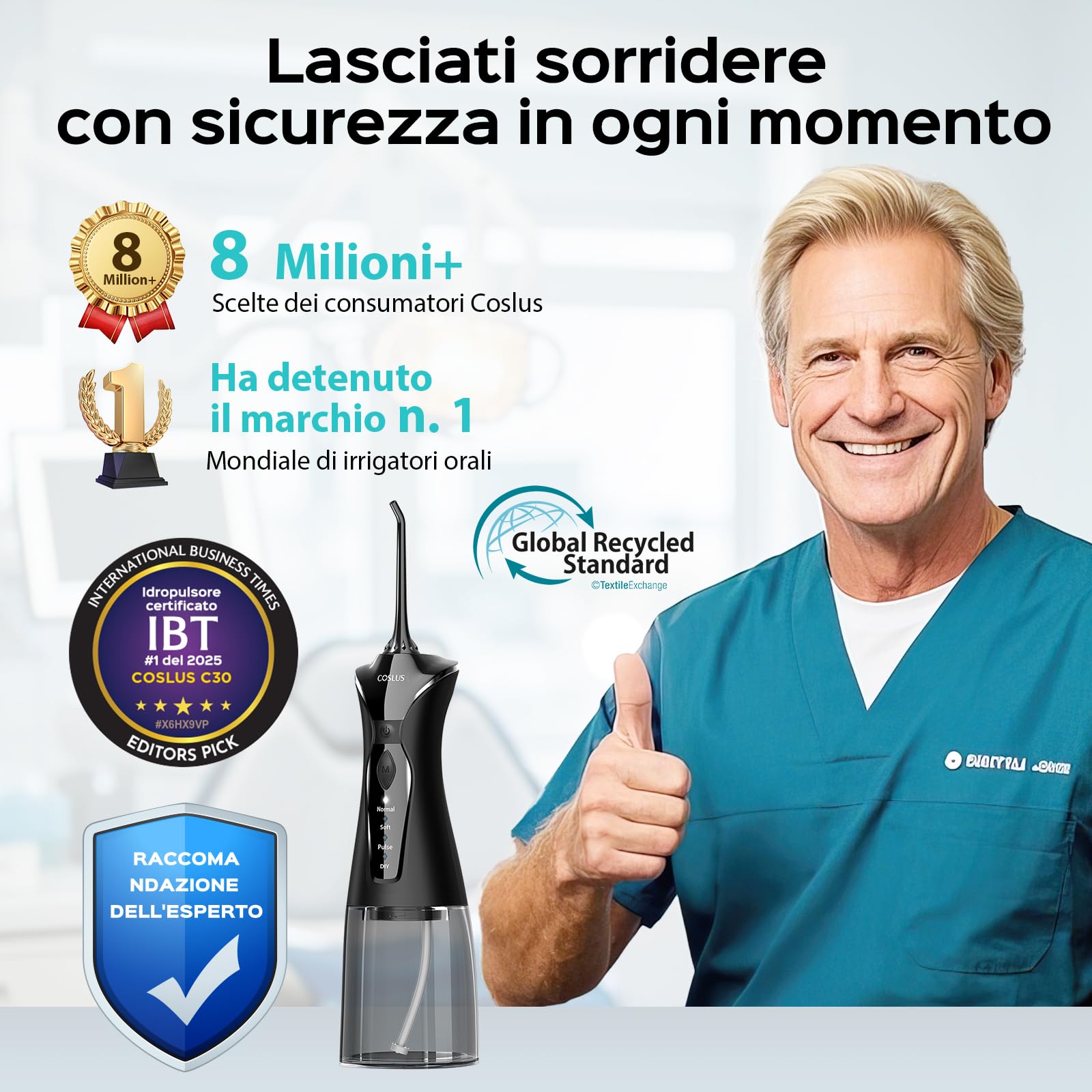 COSLUS C30 Idropulsore Dentale Portatile: 300ml Irrigatore Orale Senza Fili, 4 Modalità Idropulsore Dentale, Vincitore del Test 30 Giorni, Facile da Usare, IPX7 Impermeabile, Nero
