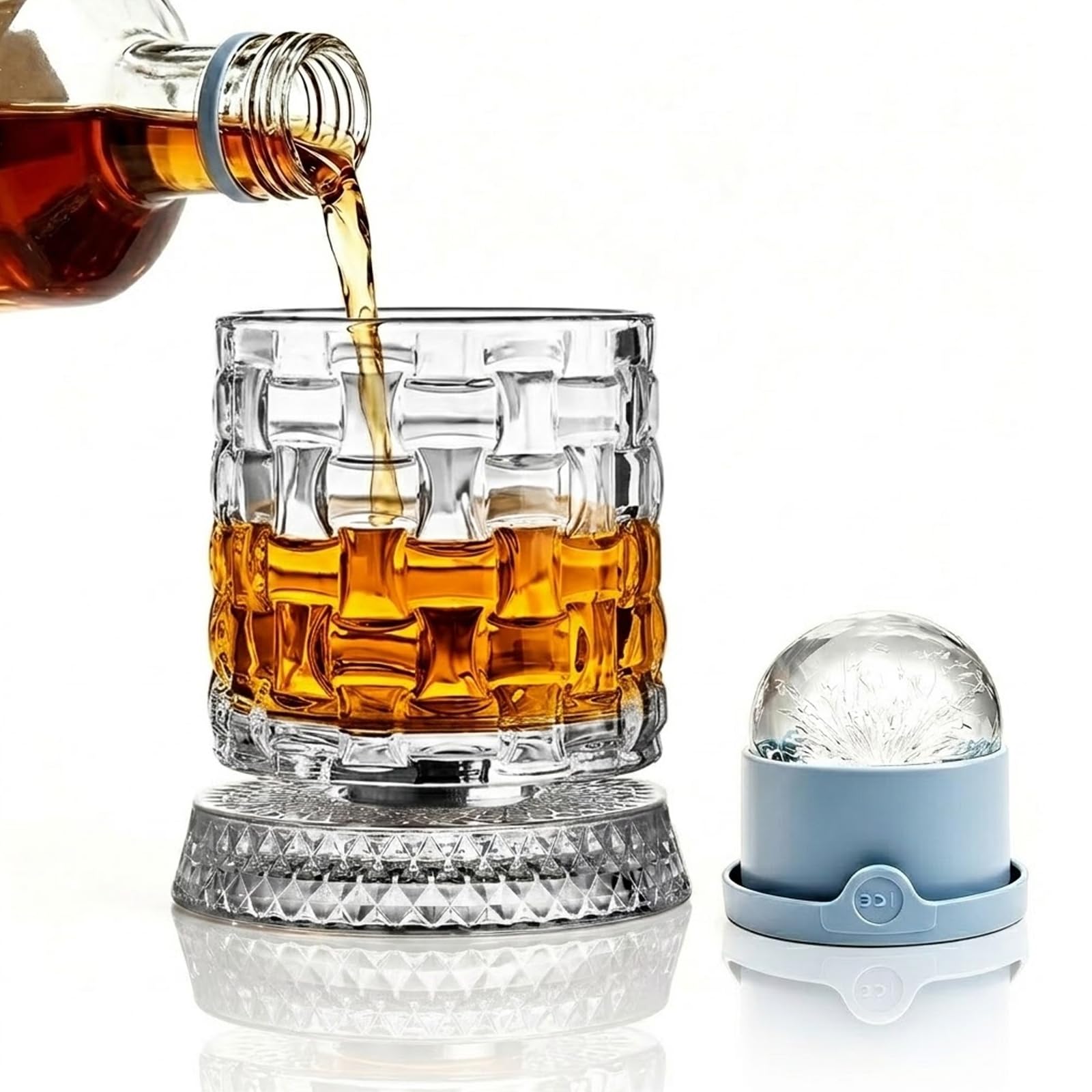 Bezvill Rotating Whiskey Glass with Large Ice Ball Mold, Single Spinning Crystal Bourbon & Old Fashioned Tumbler, 360° Kinetic Glassware for Home Bar, Unique Gifts for Men, Dad