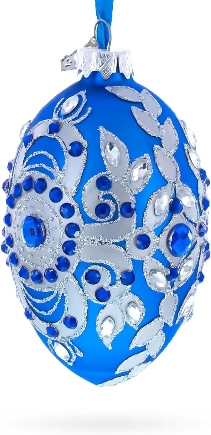 Silver on Blue Glass Egg Christmas Ornament 4 Inches