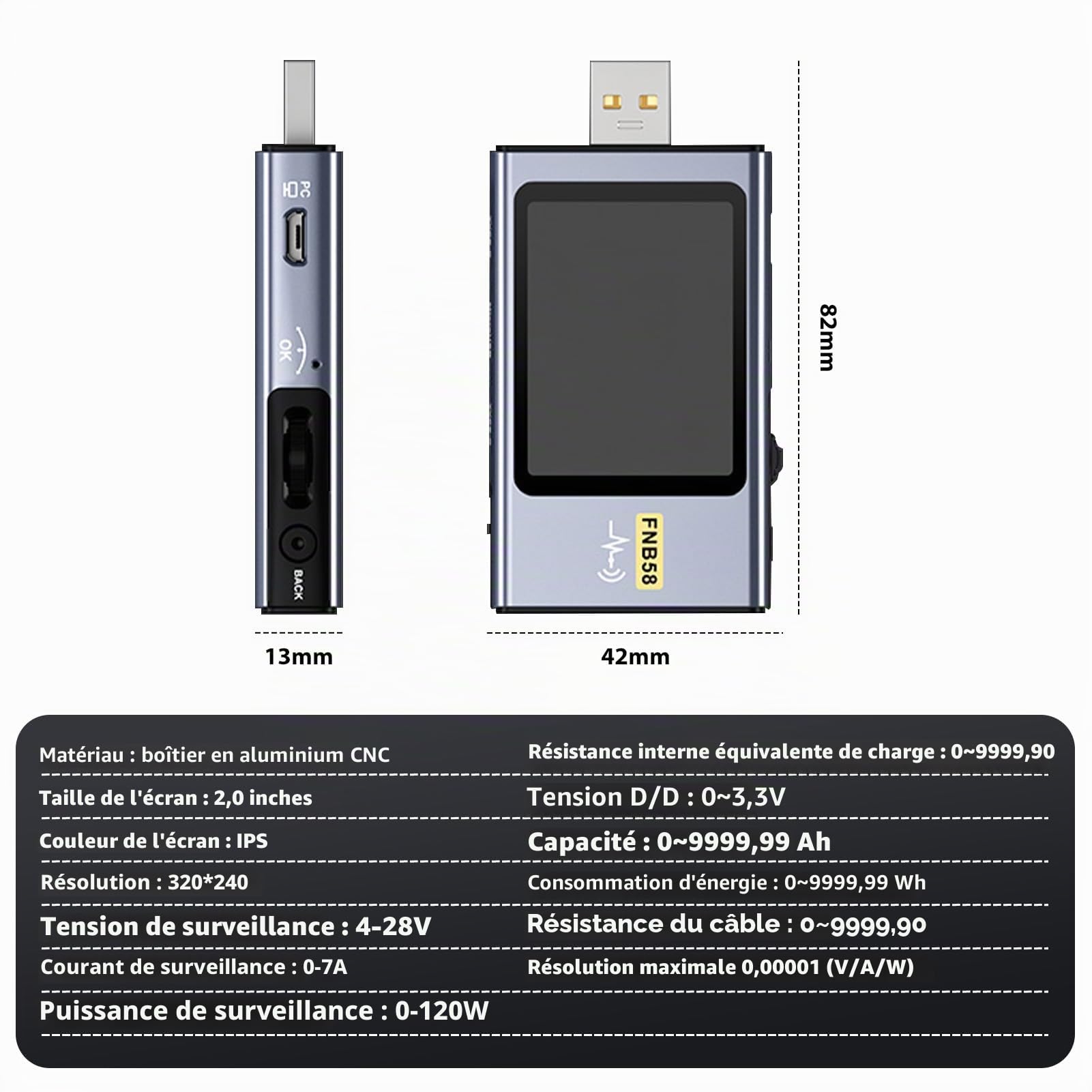 FNB58 Testeur USB Multimètre numérique de type C Testeur voltmètre ampèremètre Mesure de la capacité et des ondulations avec déclencheur Bluetooth Détection de charge rapide Tension